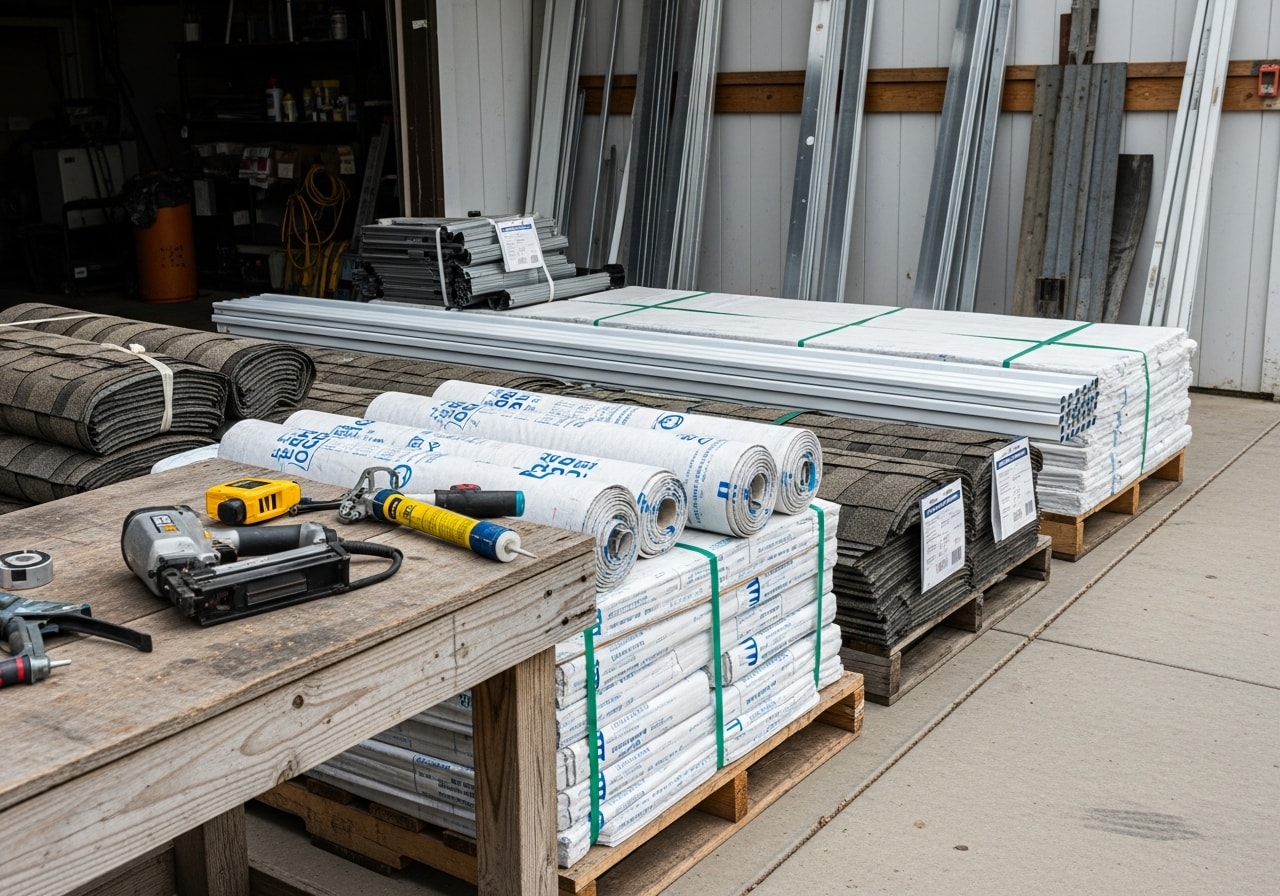 Professional crew with roofing and siding tools, ready for exterior installation work.