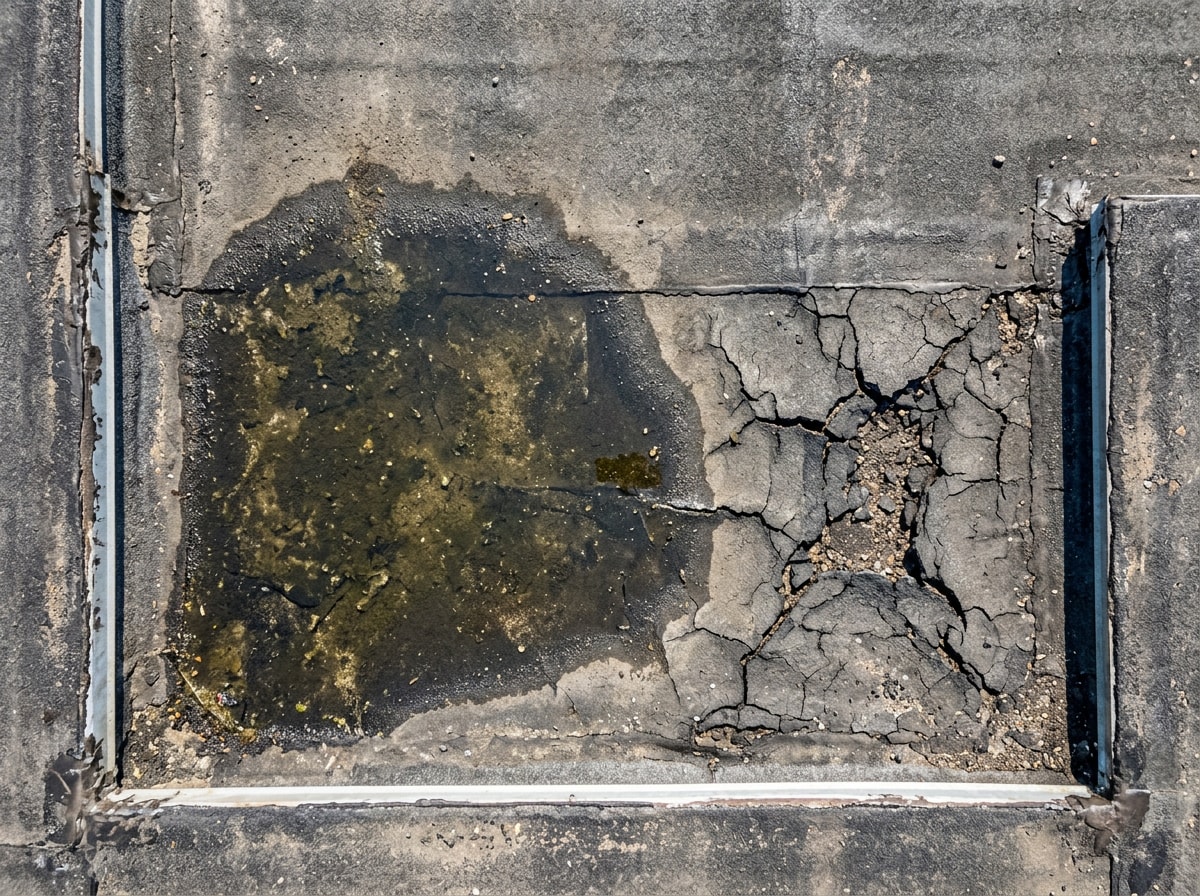Diagram showing common flat roof damage signs including ponding water and cracked membrane