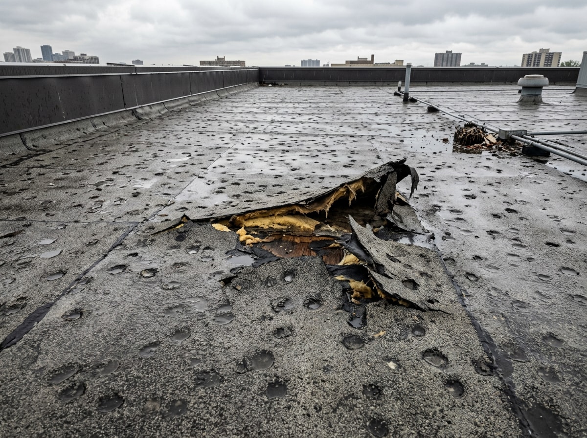 Flat roof showing visible storm and hail damage before repair