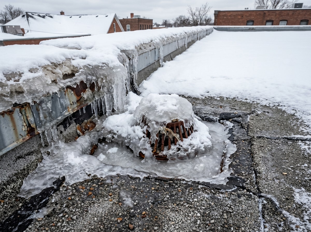 Snow and ice accumulation on a flat asphalt roof in winter