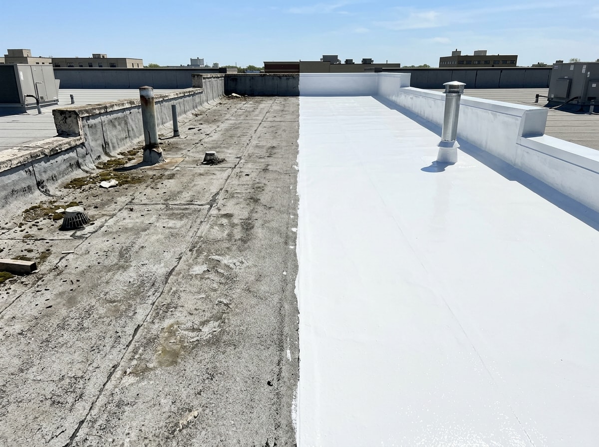 Before and after photos of a flat roof coating application