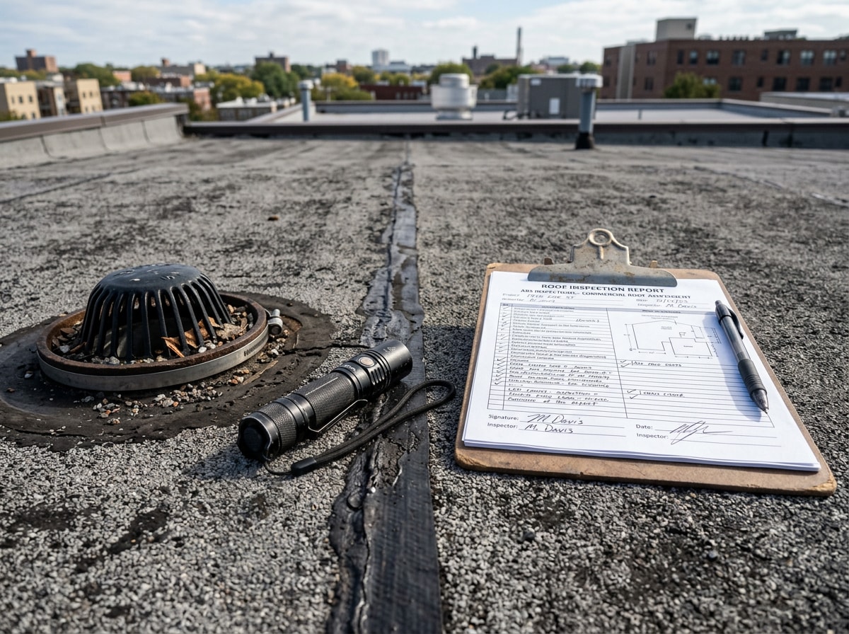 Roofing inspector checking seams and drains on a flat asphalt roof