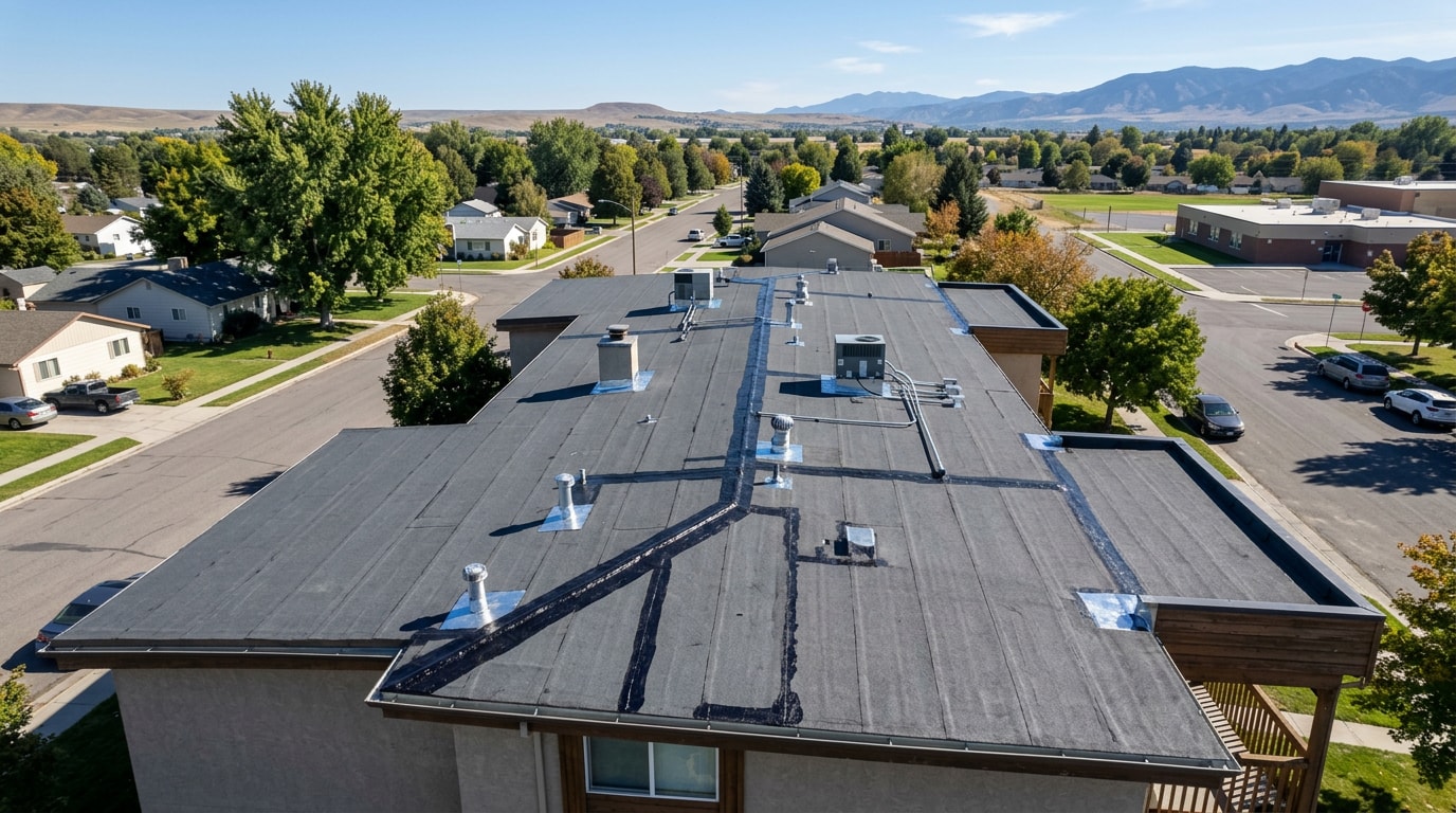 Freshly repaired asphalt flat roof on a Weiser, ID home