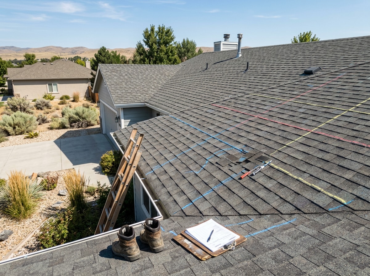 Roofing crew completing a final inspection after asphalt shingle repair on a Mountain Home, ID home
