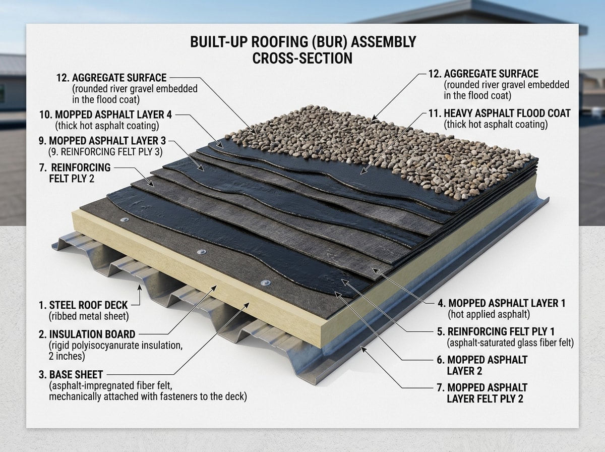 Cross-section diagram of a built-up roofing assembly showing base sheet, bitumen layers, and gravel cap