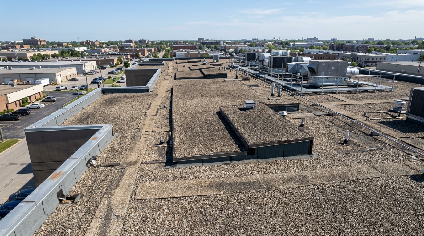 Flat commercial roof finished with built-up gravel roofing in Kuna, Idaho Flat commercial roof finished with built-up gravel roofing in Kuna, Idaho