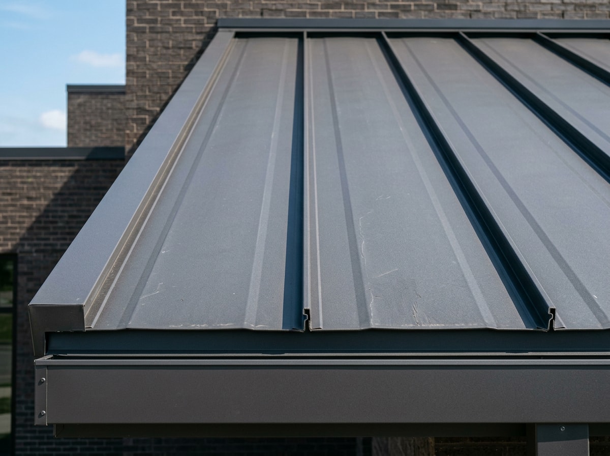 Standing seam commercial metal roofing panels installed on a Meridian, ID office building