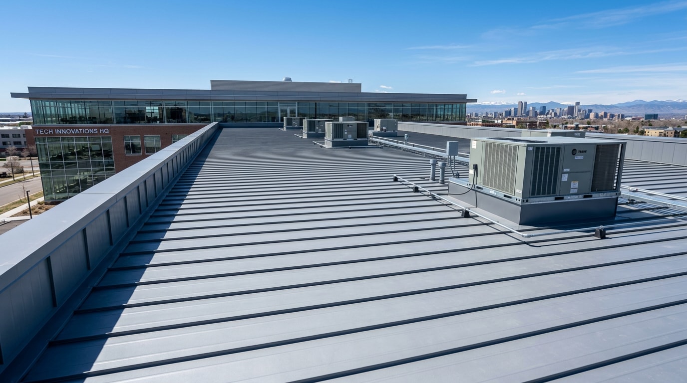 Finished commercial standing seam metal roof on a Meridian, ID office building Finished commercial standing seam metal roof on a Meridian, ID office building