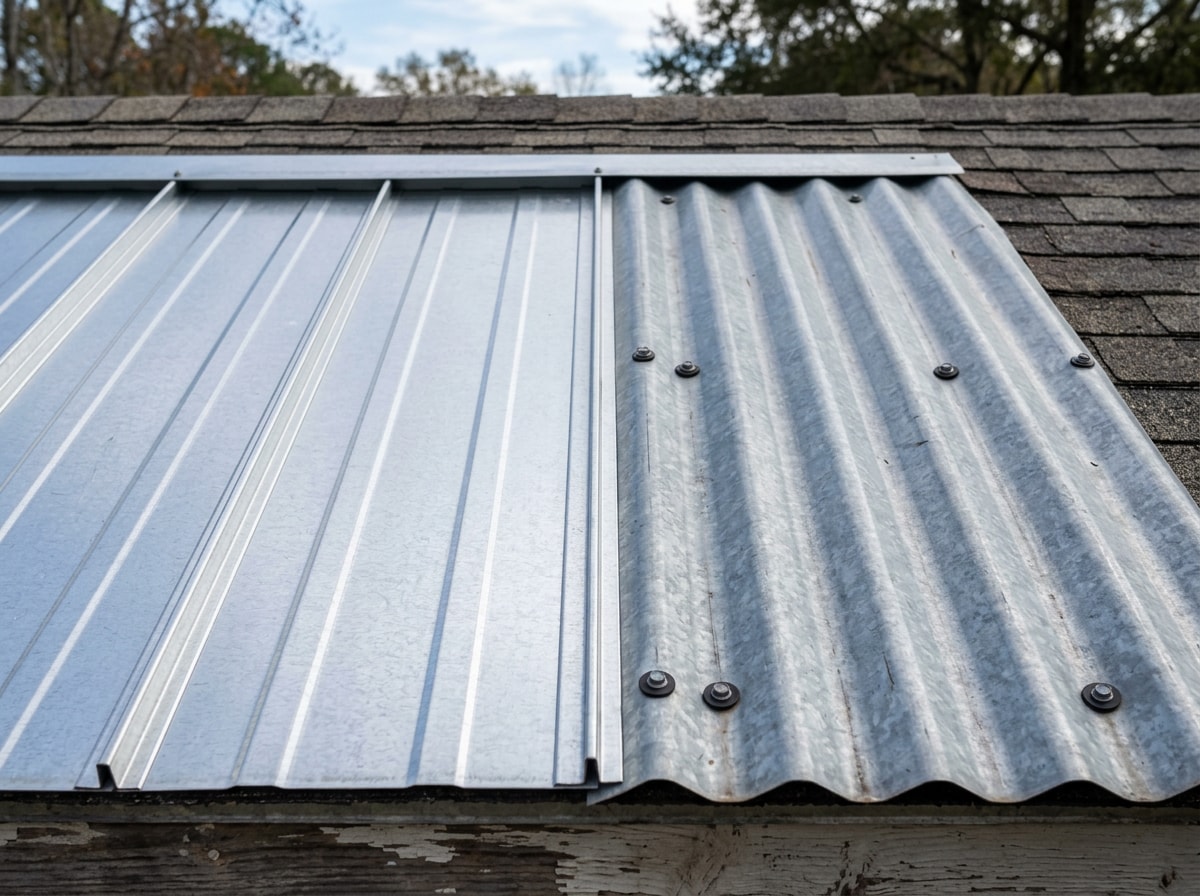 Standing seam galvalume metal roof panel profile next to a corrugated exposed-fastener panel profile on a home exterior