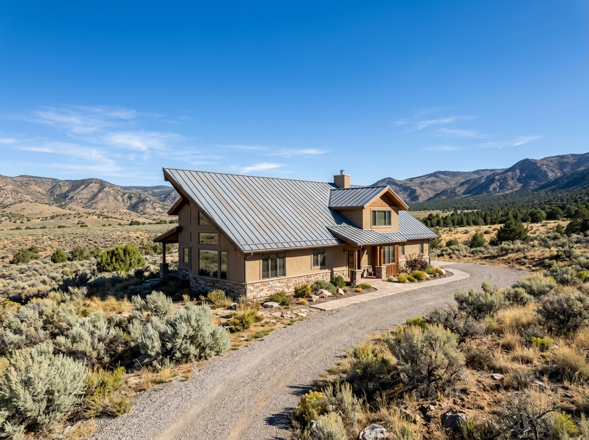 Finished galvalume standing seam metal roof on a home with high-desert sagebrush landscaping in the background