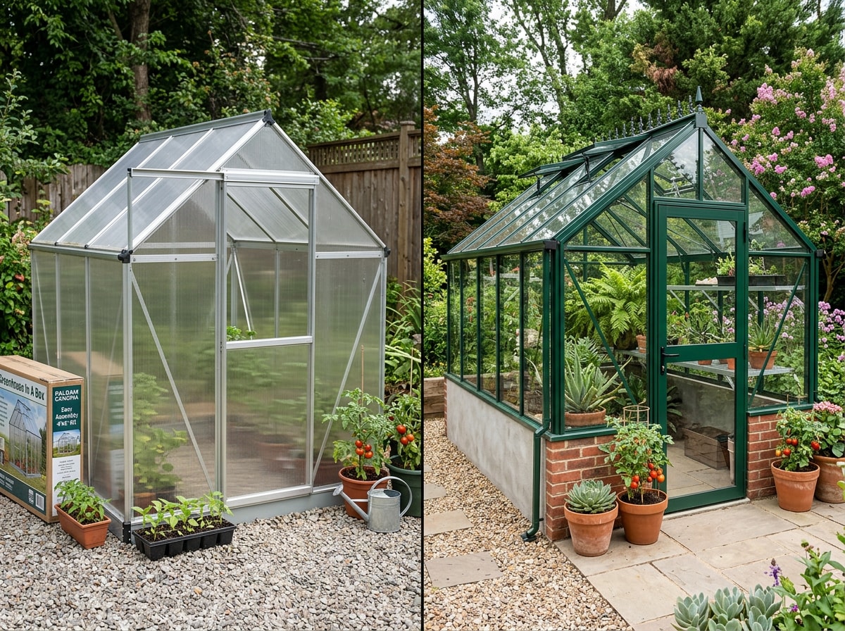 Side-by-side comparison of a boxed greenhouse kit roof and a custom-built greenhouse roof structure