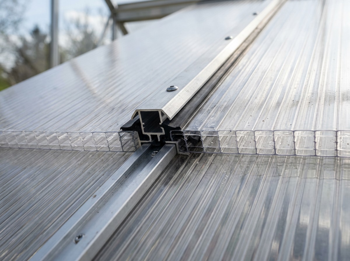 Close-up of installed twin-wall polycarbonate greenhouse roofing panels