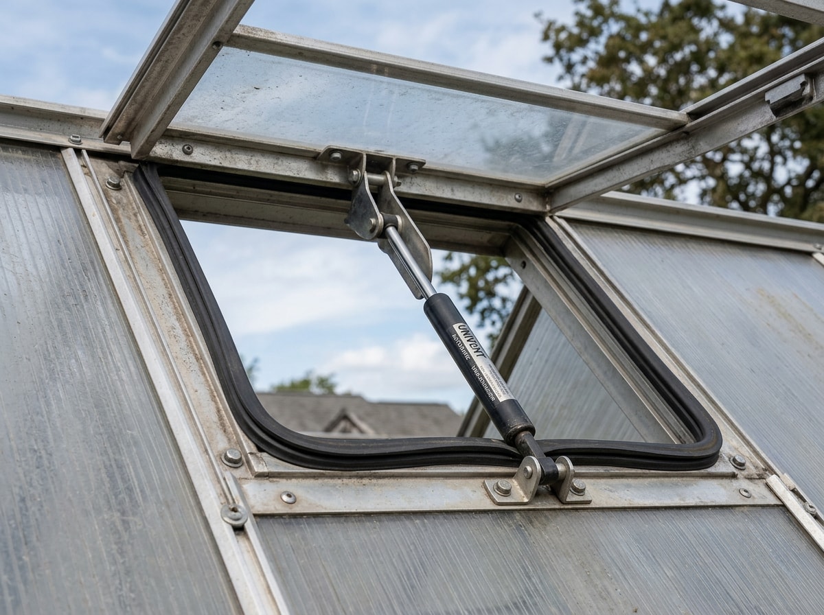Close-up detail of a weather-sealed greenhouse roof vent frame