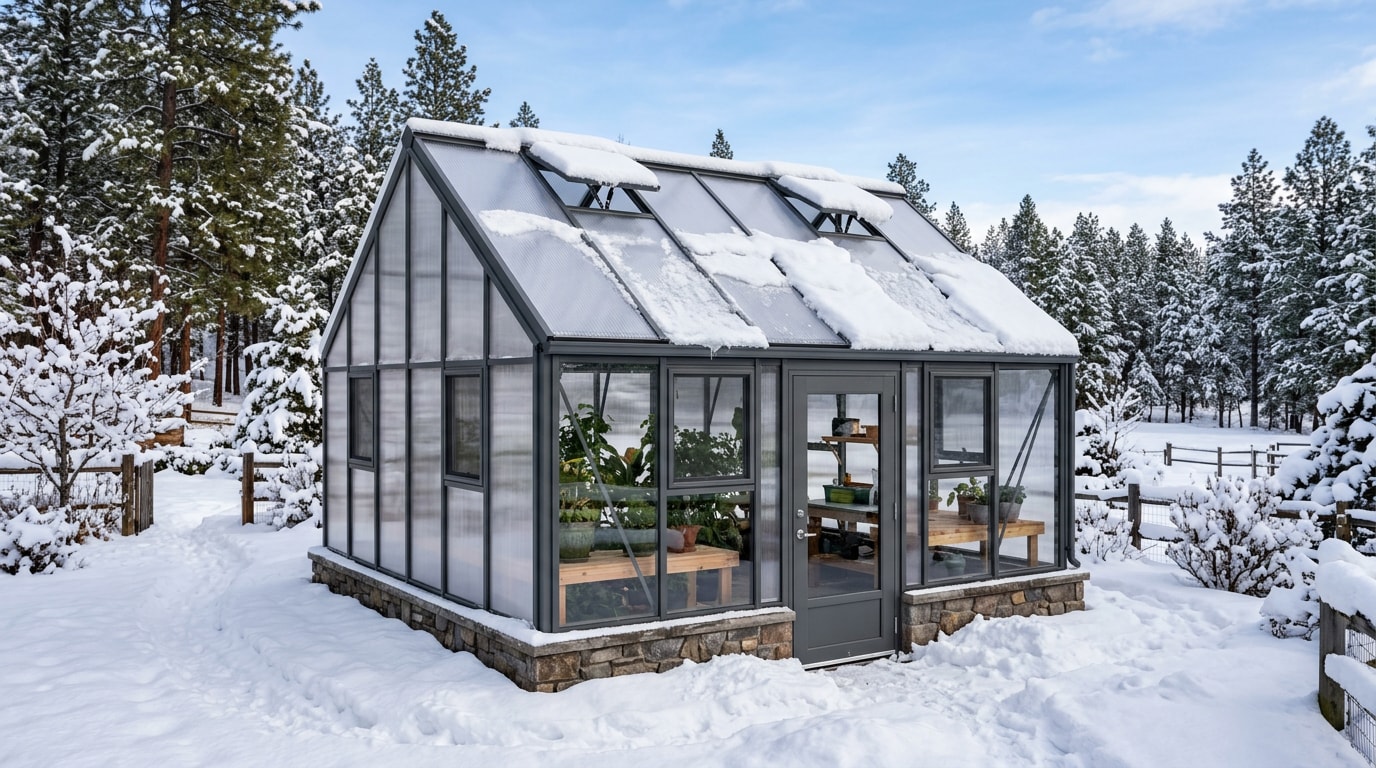 Custom greenhouse with polycarbonate roofing built for snow load in a Boise, ID backyard