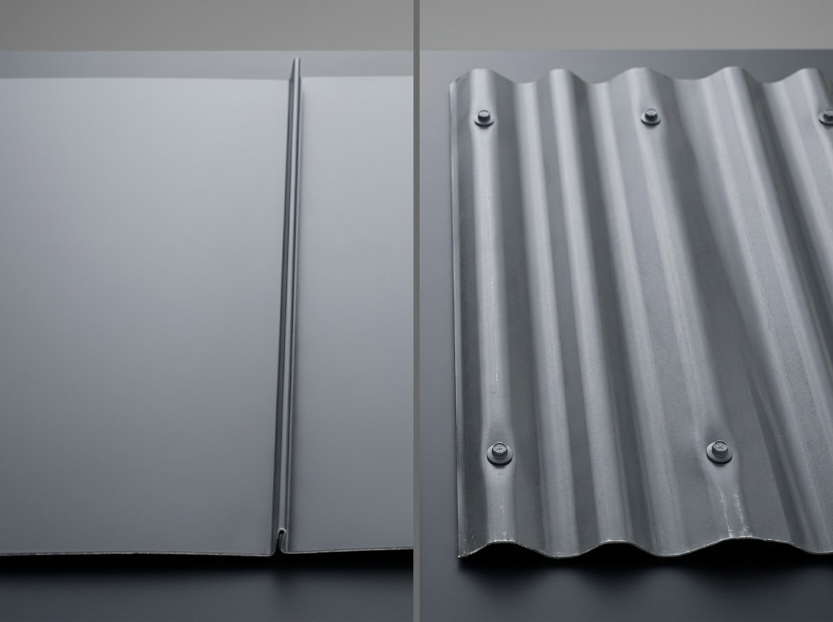Side-by-side comparison of standing seam and exposed fastener metal roof panel profiles