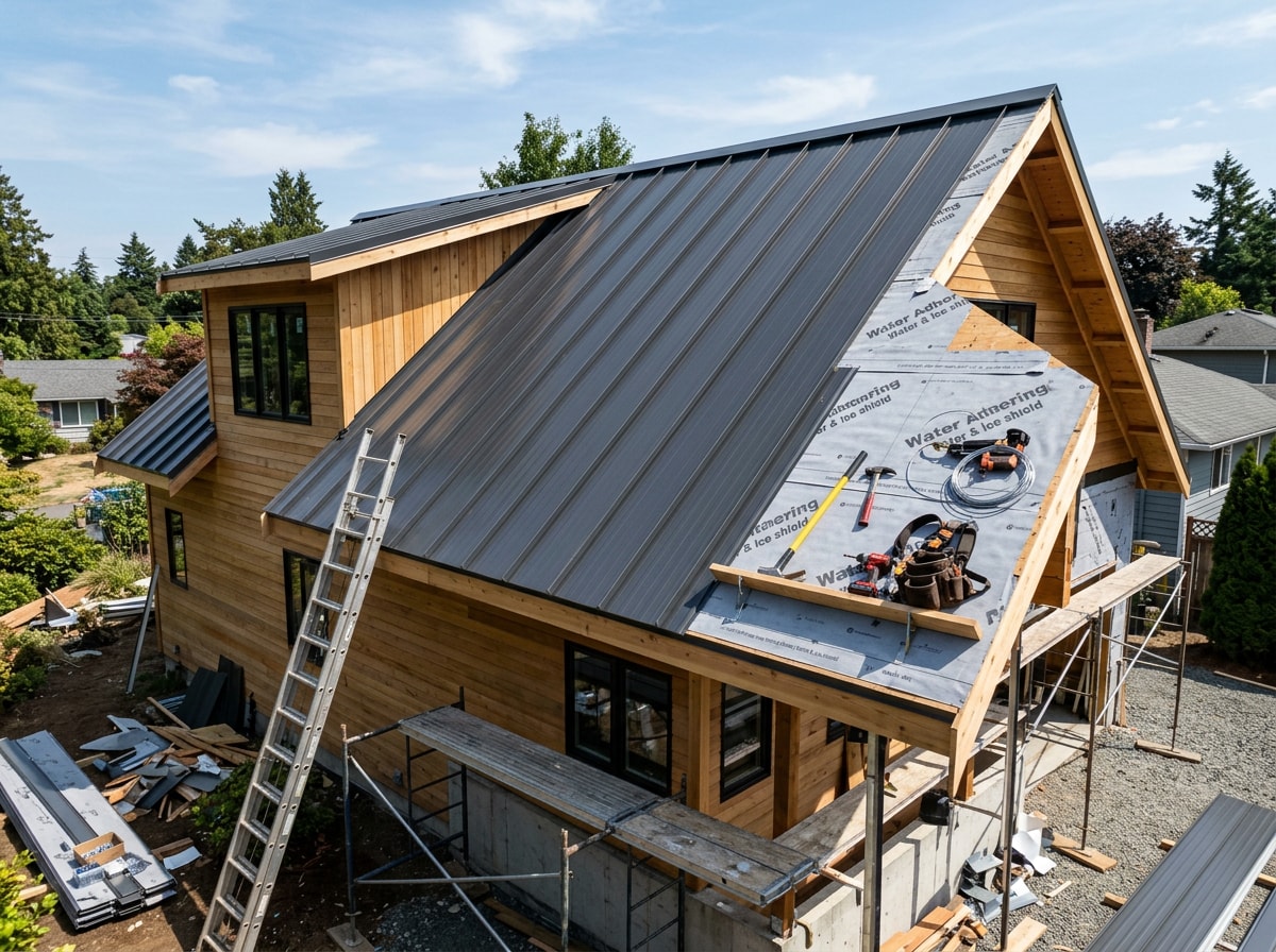 Roofing crew installing standing seam metal panels during a residential roof install in Meridian, Idaho