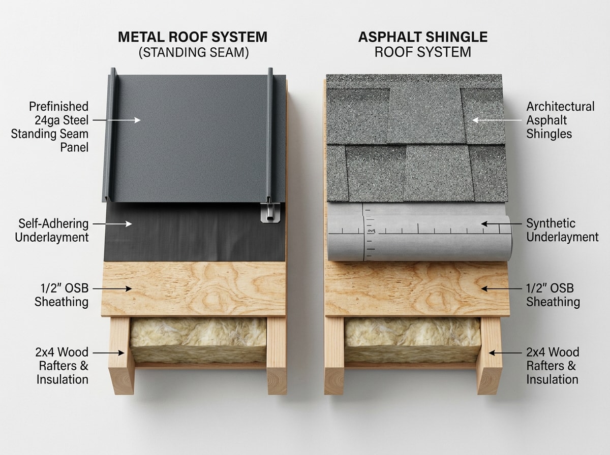 Diagram showing typical metal roof lifespan ranges by panel type compared to asphalt shingles