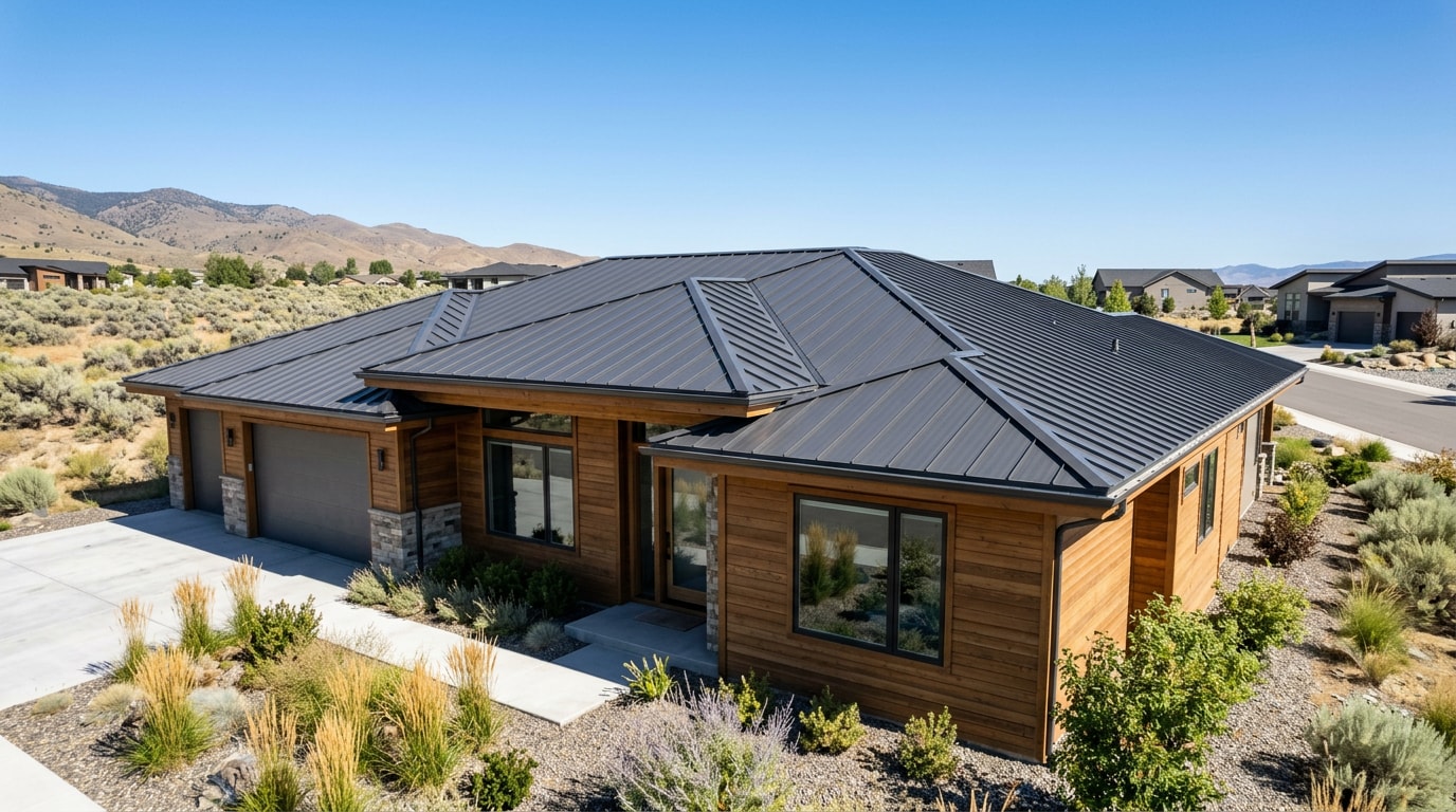 Finished standing seam metal roof installation on a home in Meridian, Idaho