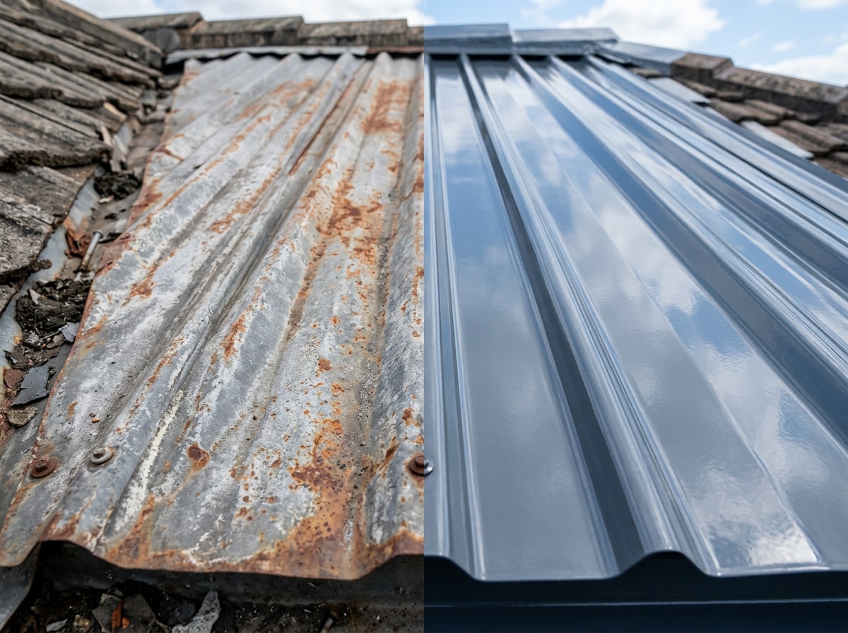 Before and after photo of a metal roof restoration project in Boise showing faded panels recoated with a reflective finish