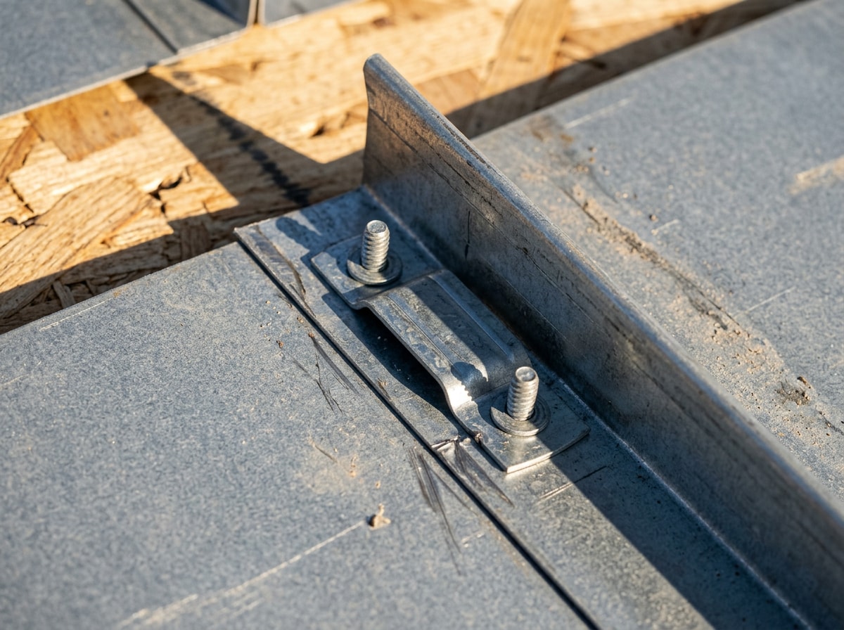 Close-up detail of standing seam panel joints before metal roof coating application