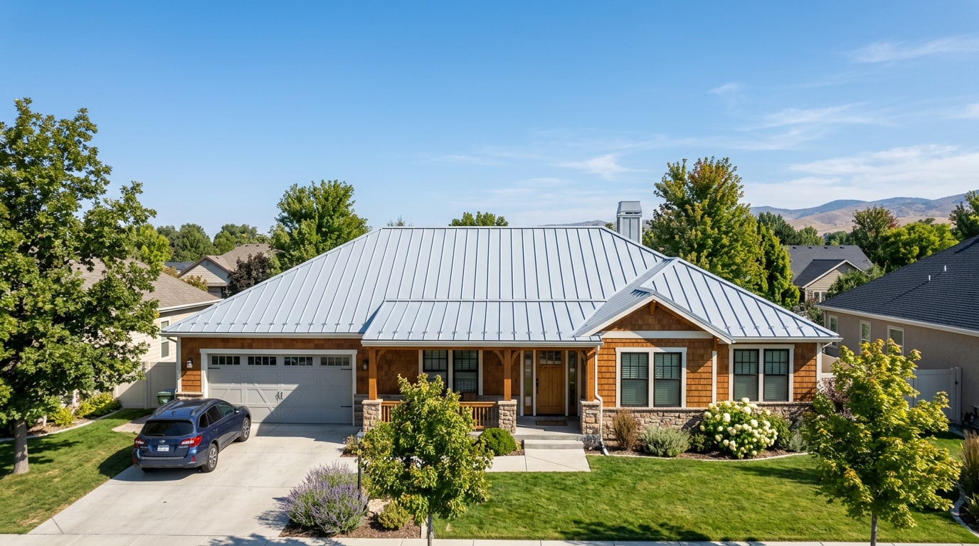 Restored metal roof with reflective coating on a Boise, Idaho home Restored metal roof with reflective coating on a Boise, Idaho home