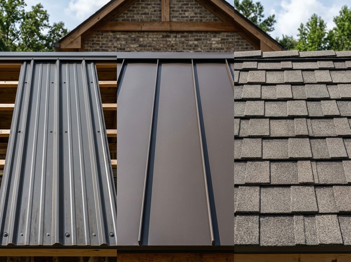 Side-by-side comparison of exposed-fastener panels, standing seam, and metal shingle roof profiles