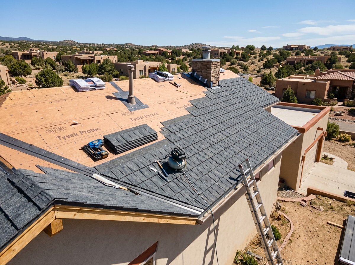 Metal shingle roof installation in progress on a residential home in Kuna, Idaho