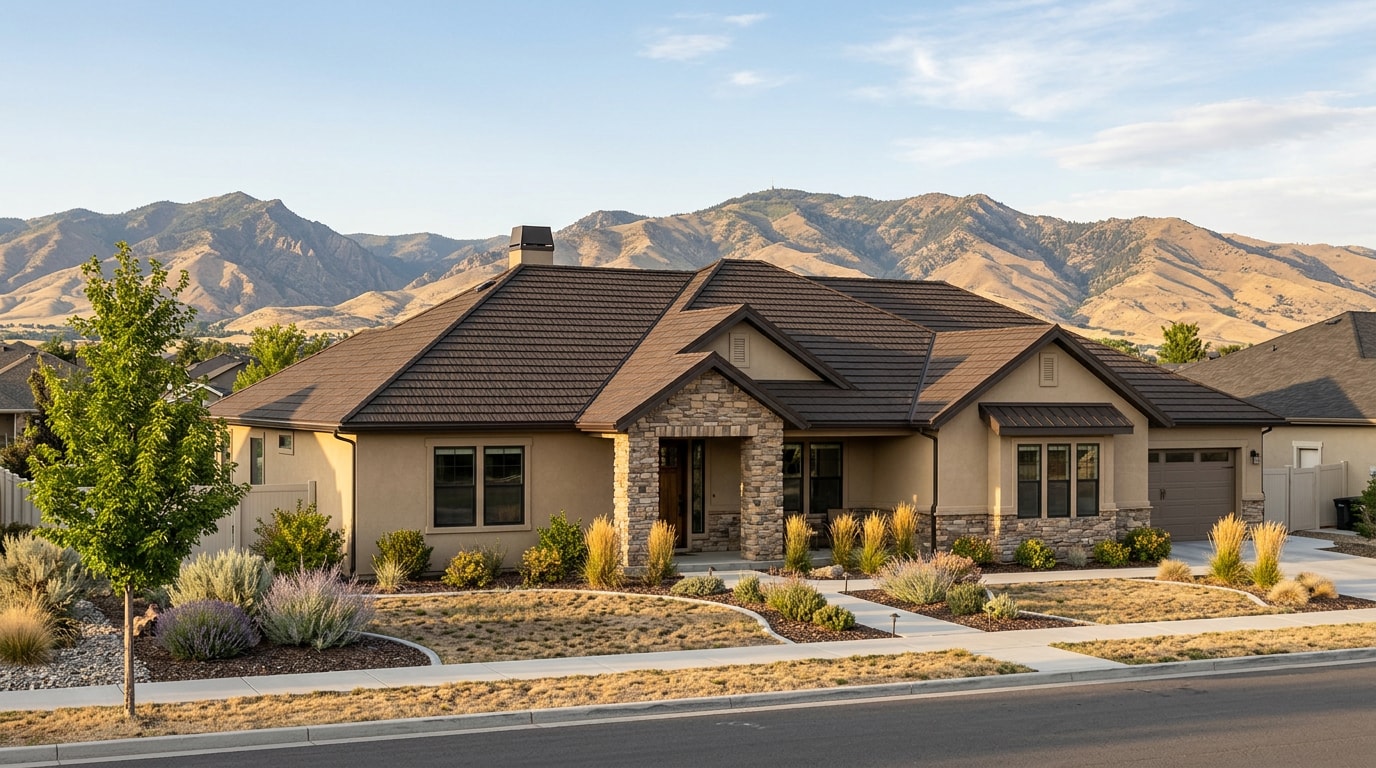Finished stone-coated metal shingle roof on a home in Kuna, Idaho Finished stone-coated metal shingle roof on a home in Kuna, Idaho