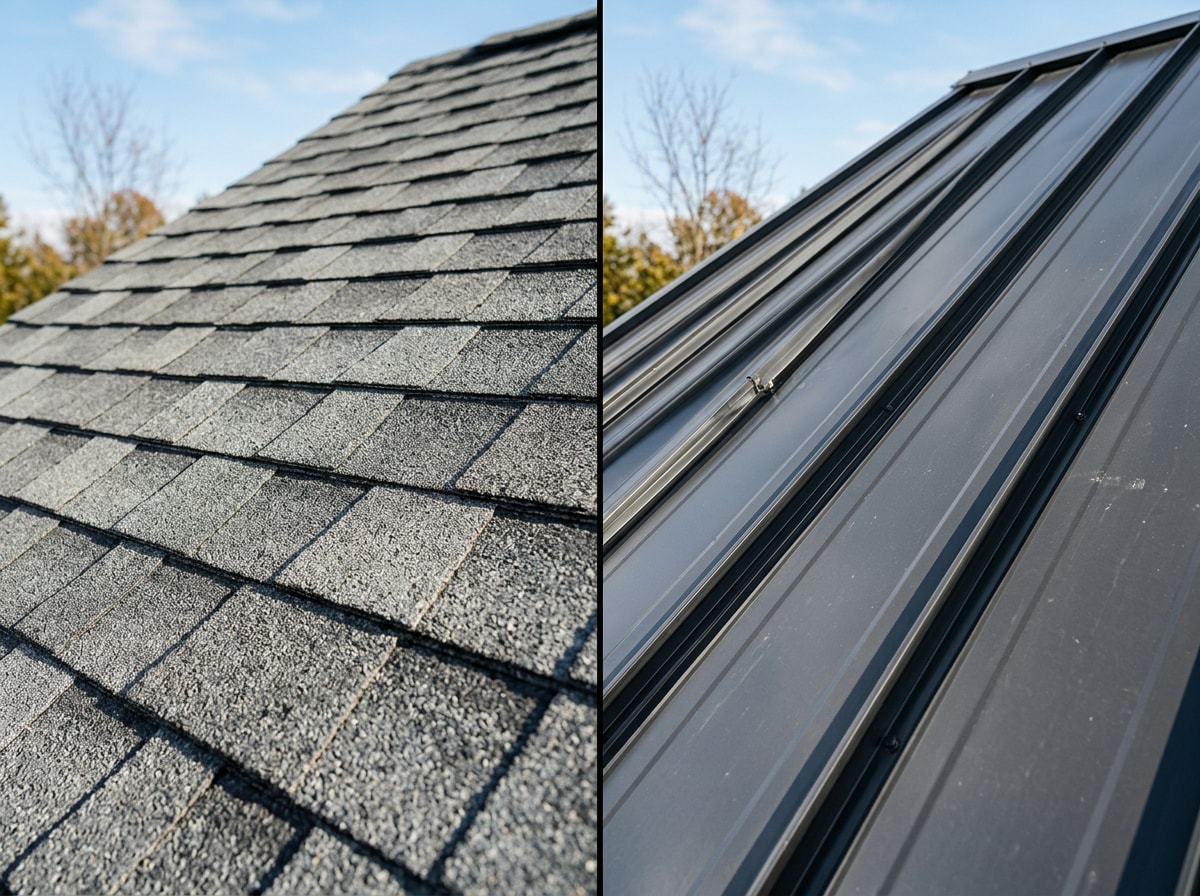 Side-by-side comparison of asphalt shingle and standing-seam metal roofing on similar Meridian homes