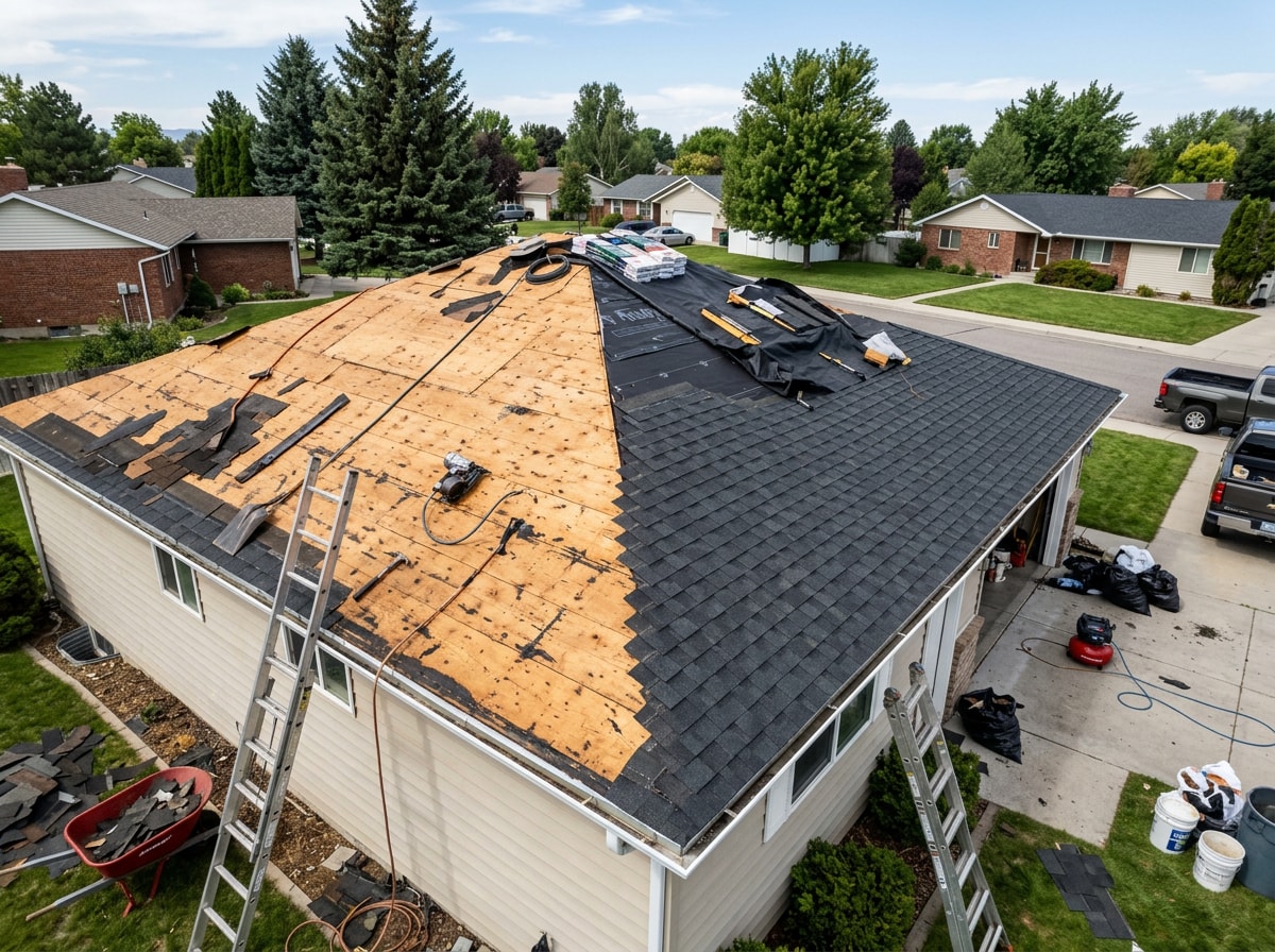 Roofing crew performing tear-off and fresh shingle installation on a Meridian, ID home