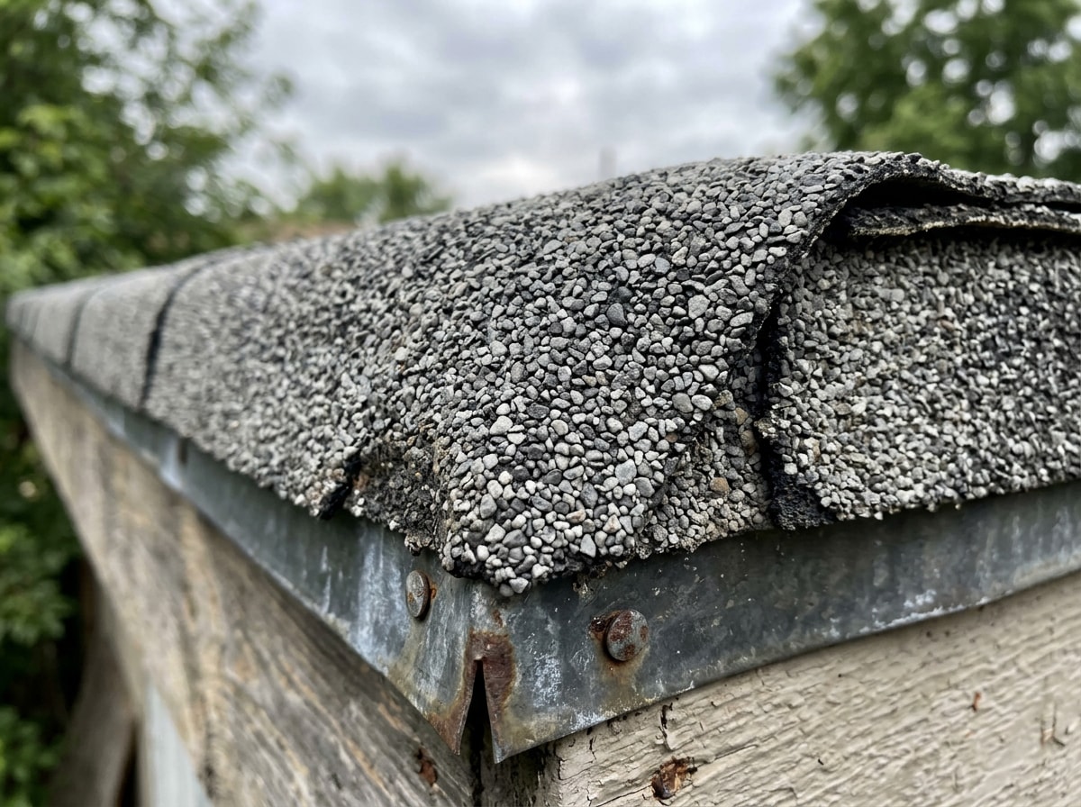 Close-up of mineral-surfaced roll roofing membrane installed on a low-slope garage roof