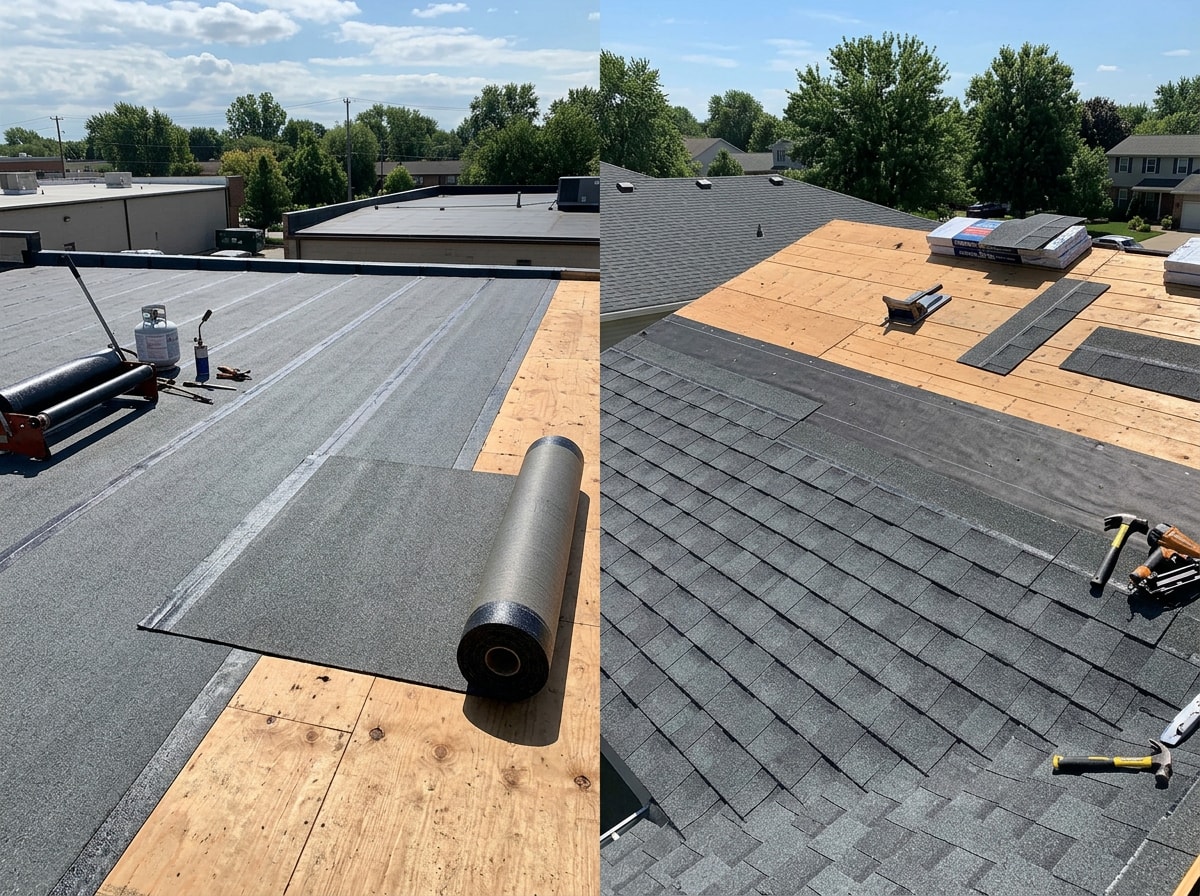 Side-by-side comparison showing faster roll roofing installation versus traditional shingle installation