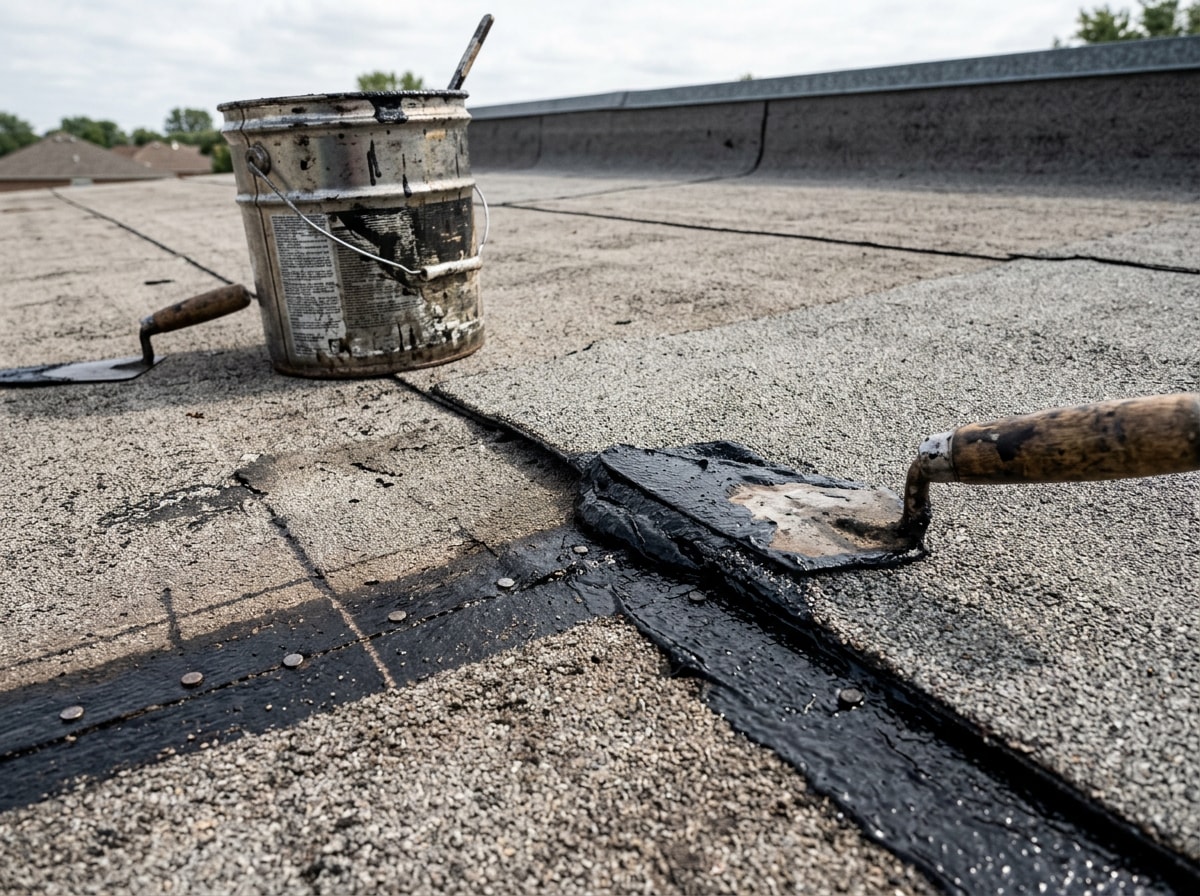 Installer overlapping and cementing roll roofing courses on a low-slope roof deck