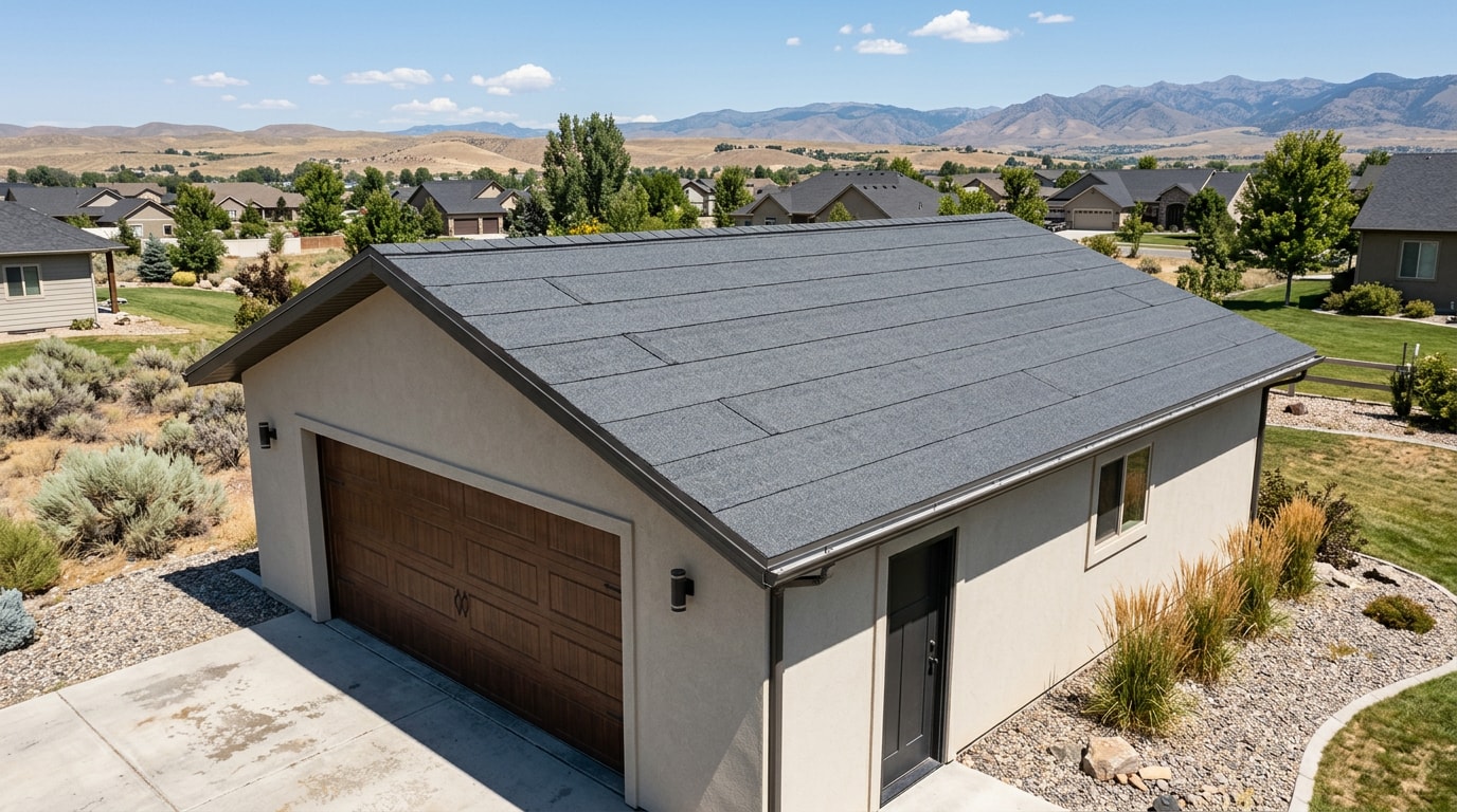 Newly installed roll roofing on a detached garage in Caldwell, ID Newly installed roll roofing on a detached garage in Caldwell, ID