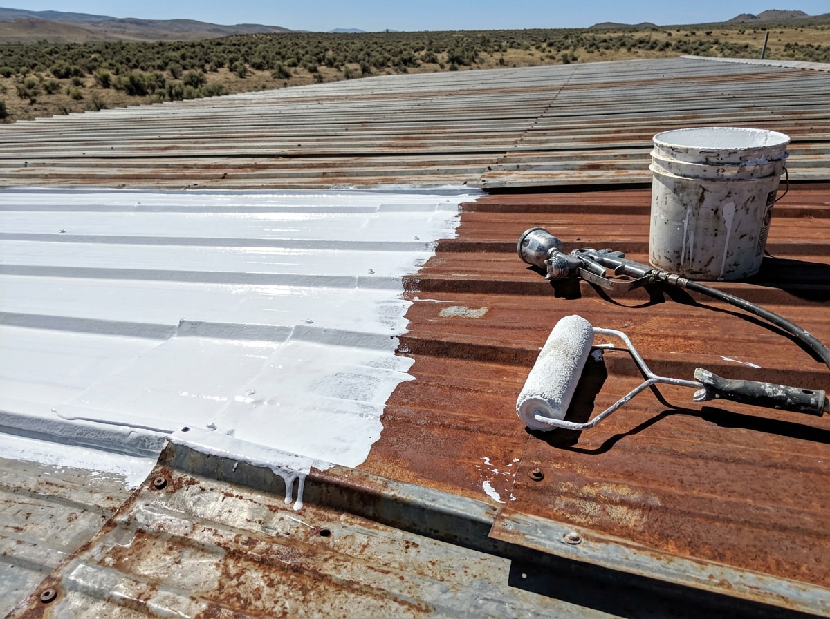 Roof coating contractor applying reflective coating to a commercial metal roof in Twin Falls, ID