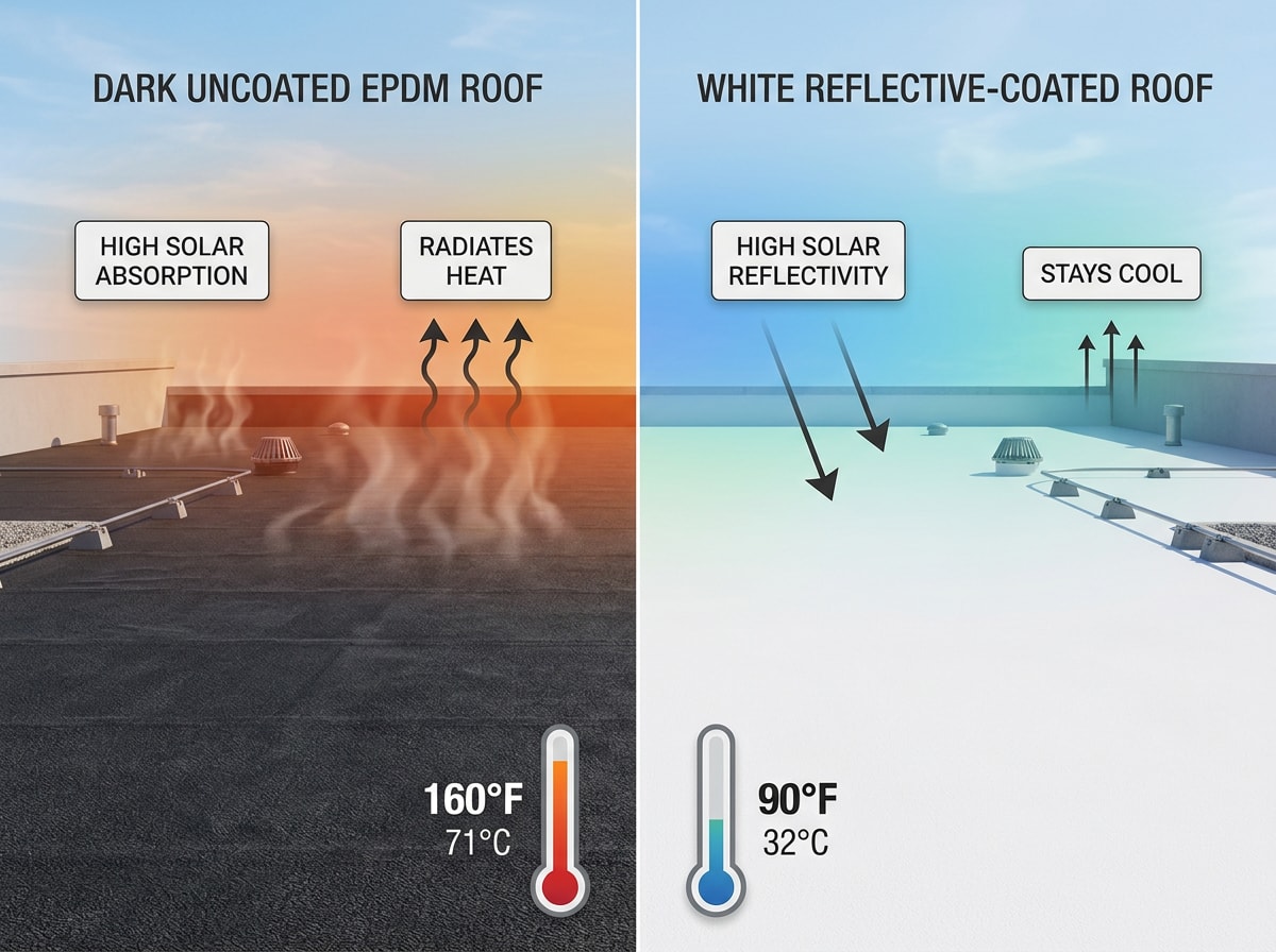 Graphic comparing Twin Falls summer roof surface temperatures with and without reflective roof coating