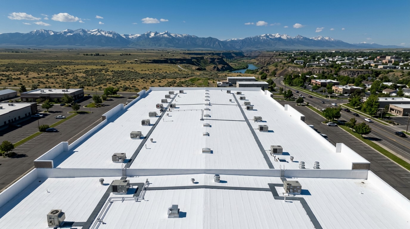 Commercial roof in Twin Falls, ID with a freshly applied white reflective roof coating