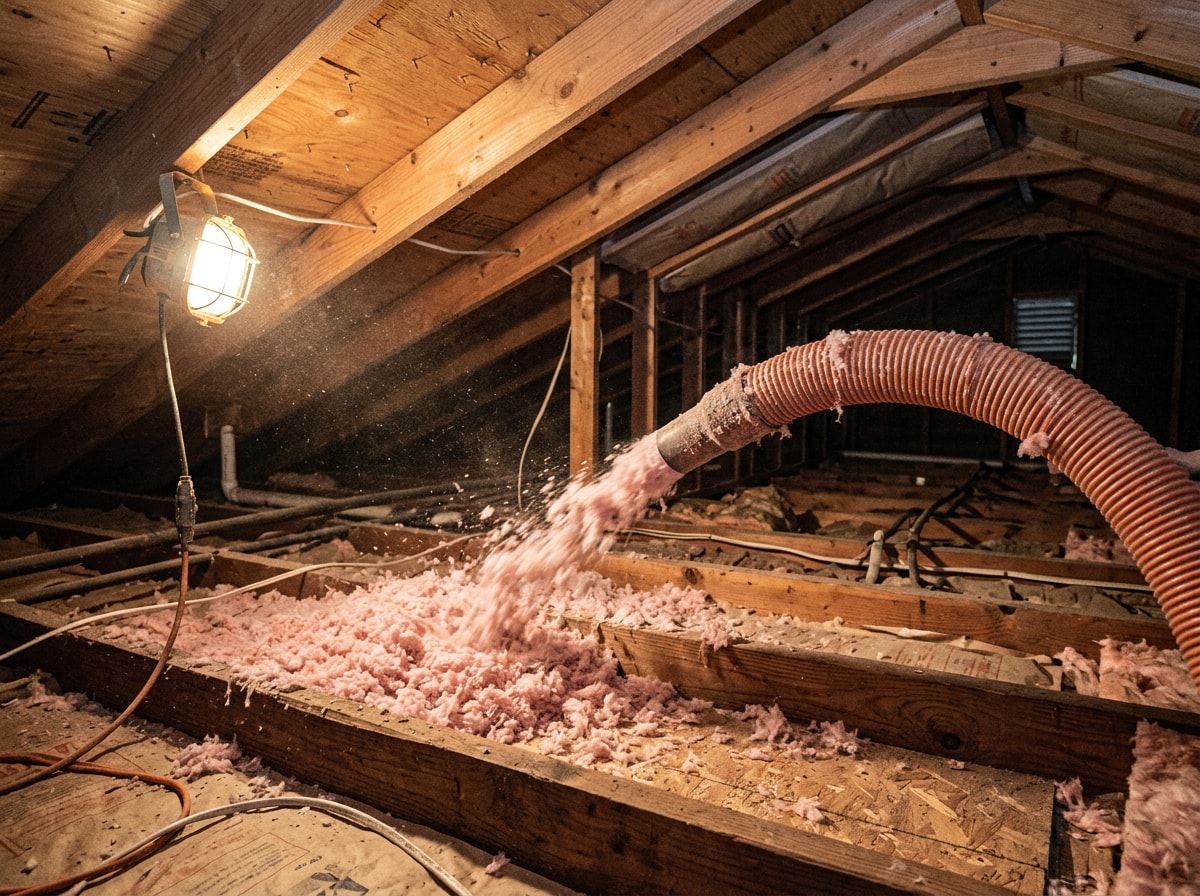 Technician installing blown-in attic insulation in a Caldwell, ID home