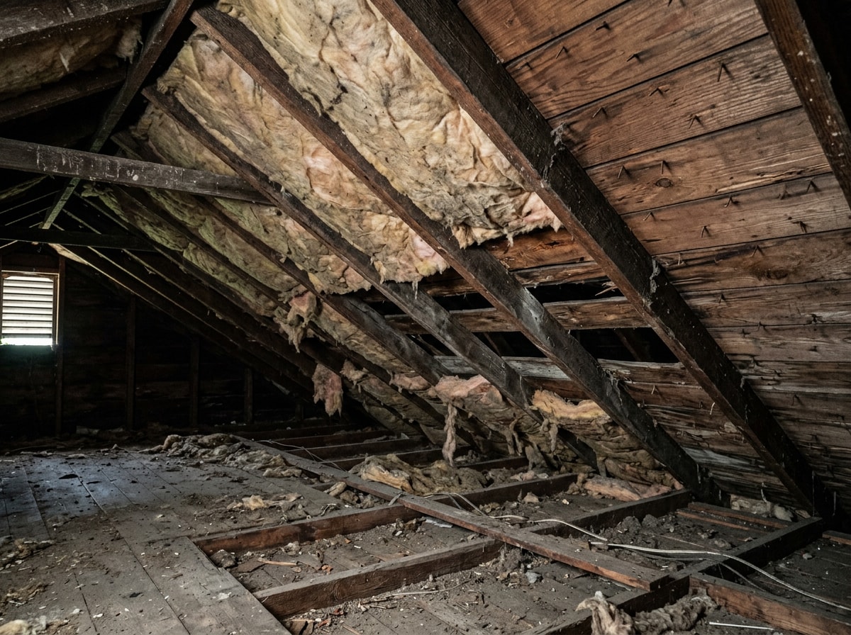 Thin, uneven attic insulation showing exposed joists in an older home