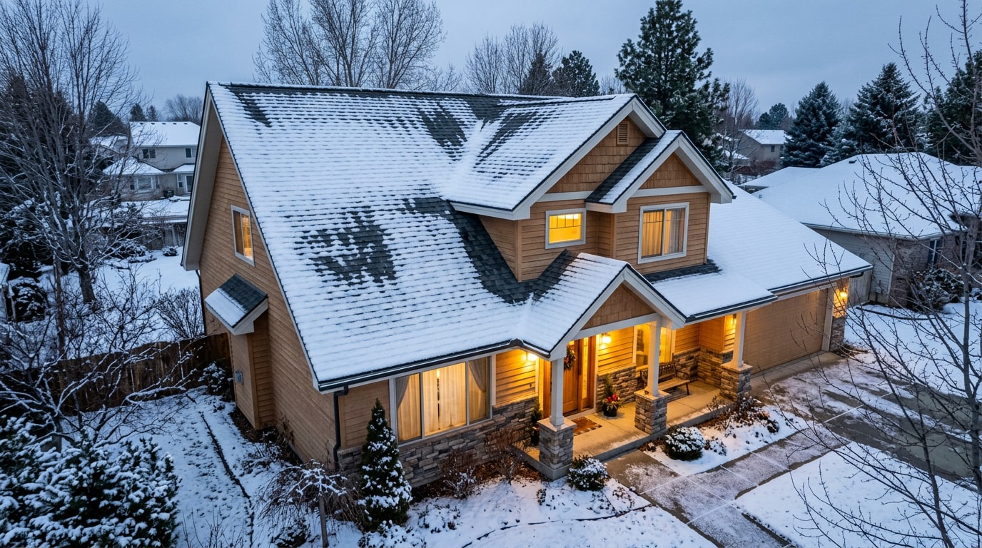 Caldwell, ID home with a well-insulated roof showing even snow coverage and no ice damming