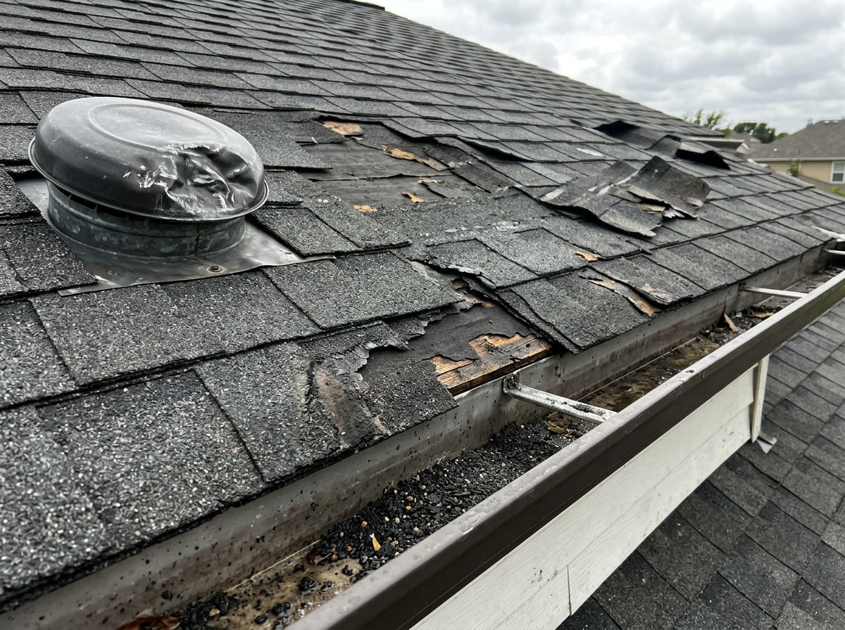 Checklist graphic showing signs of roof storm damage including missing shingles and granule loss