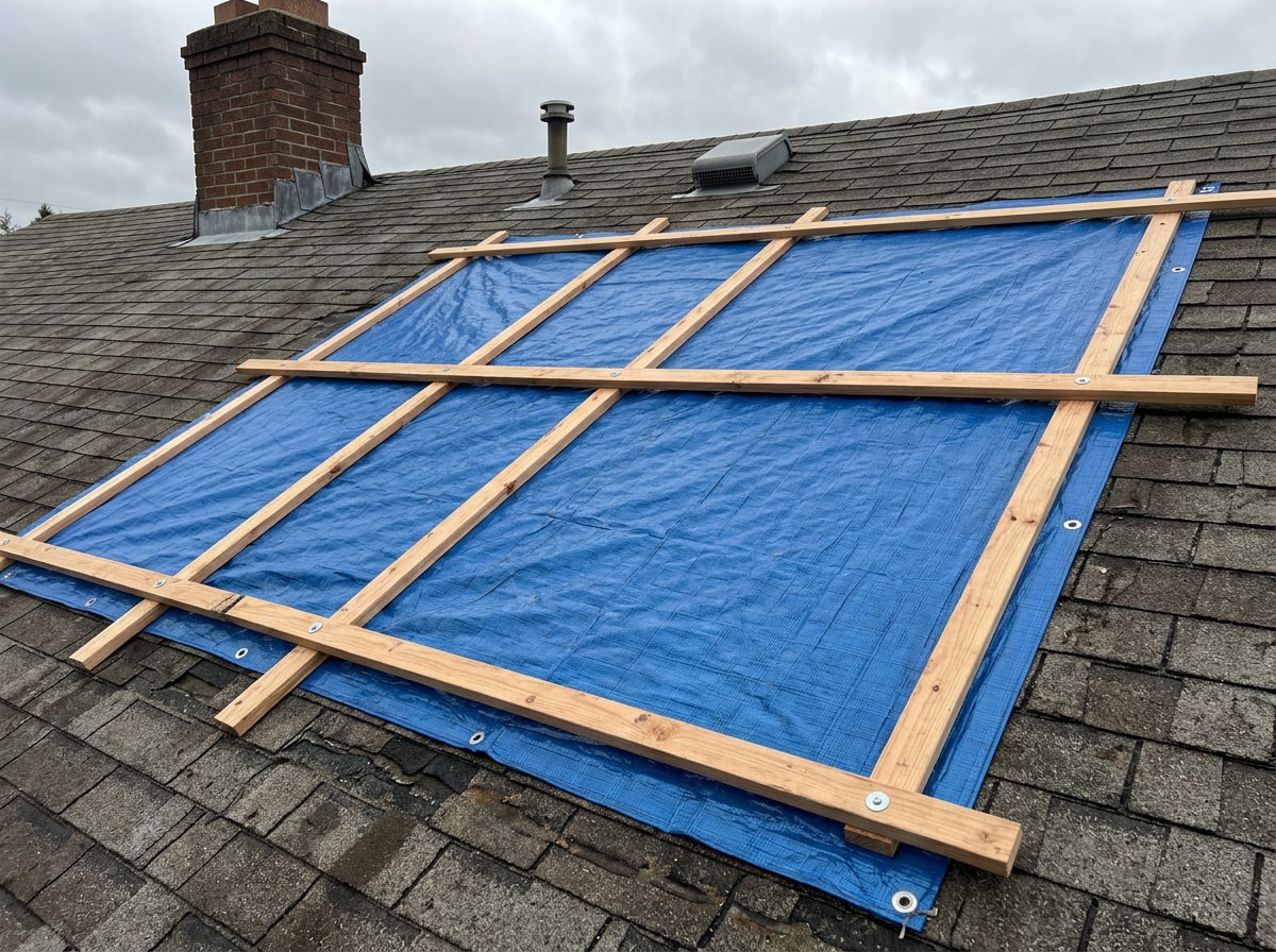 Roofing crew installing an emergency tarp over a storm-damaged roof section