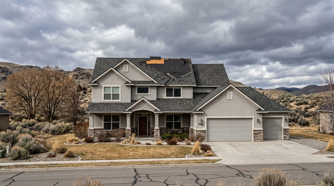 House with storm-damaged asphalt shingle roof showing missing shingles in Twin Falls, ID