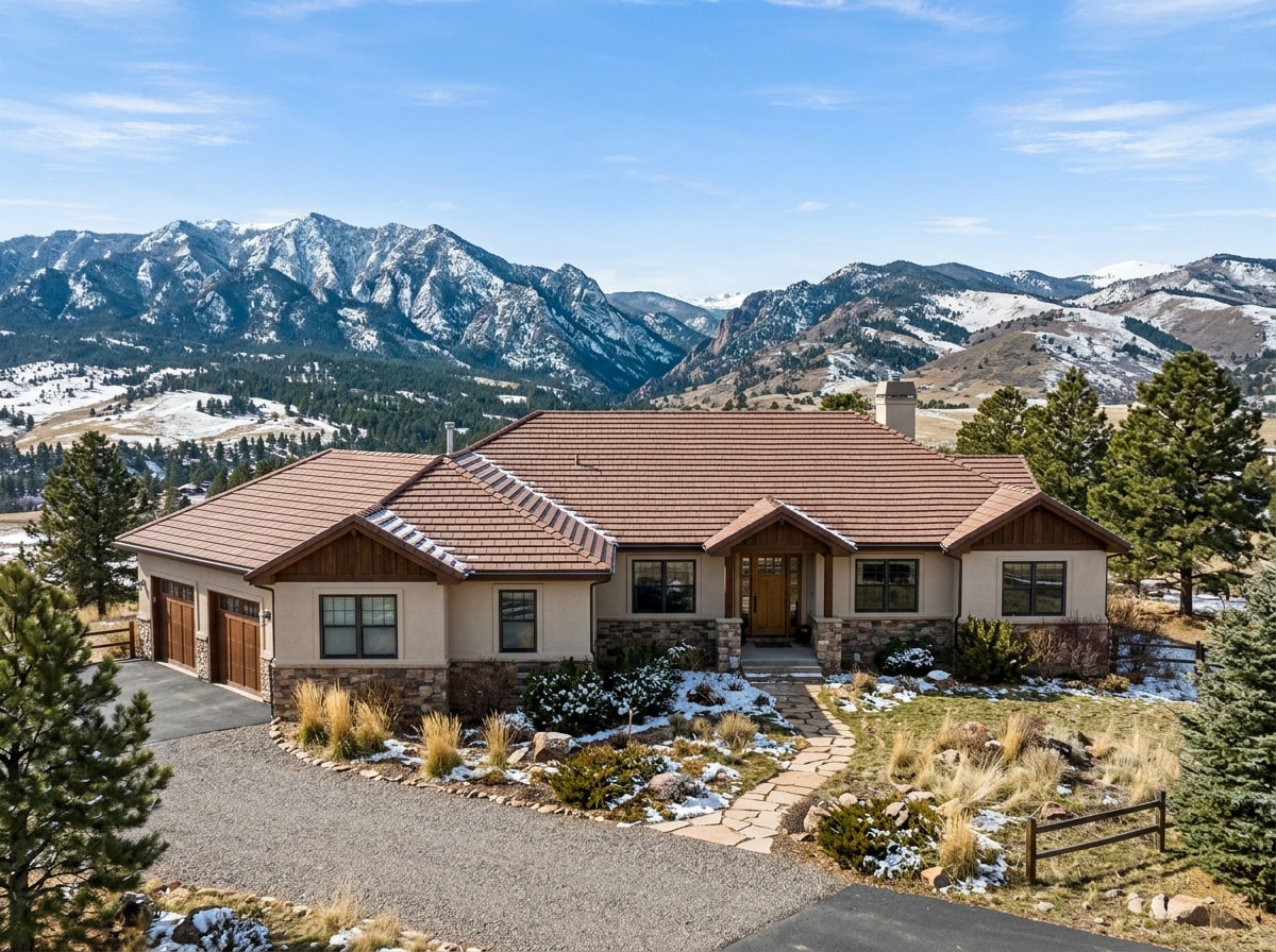 Tile roof installed on a single-story home in Weiser, ID with snow-capped hills in the background