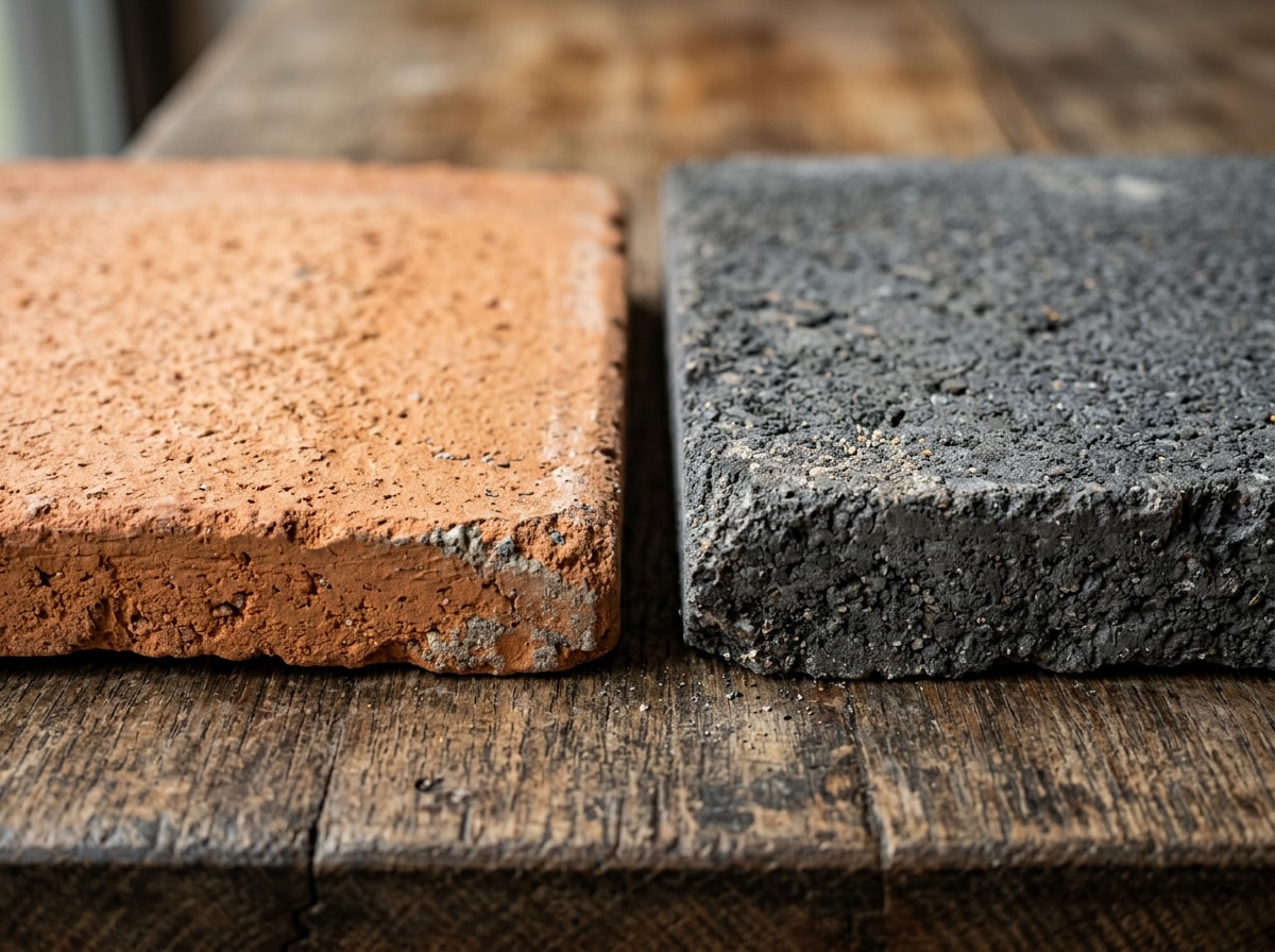 Close-up of clay and concrete roofing tile samples side by side showing texture and color differences