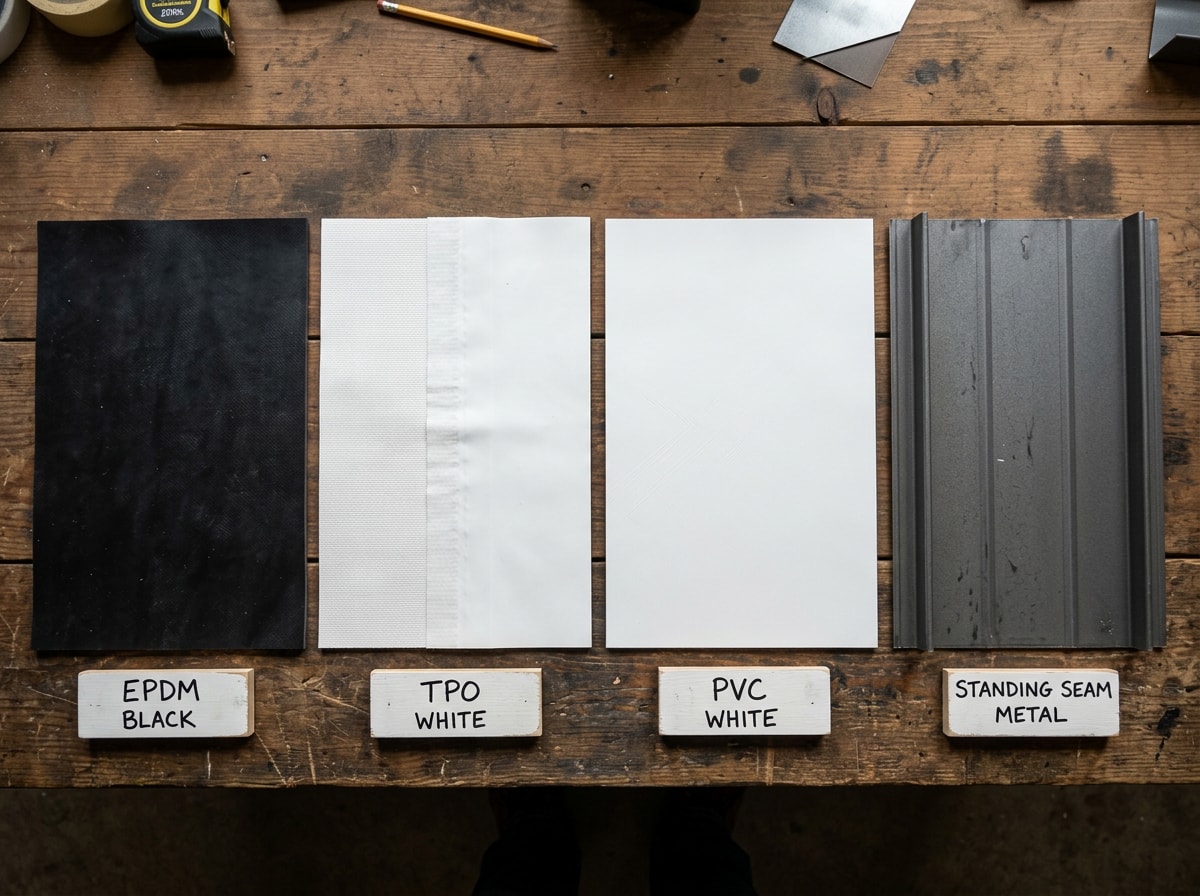 Side-by-side comparison of EPDM, TPO, PVC, and metal roofing systems on a commercial building