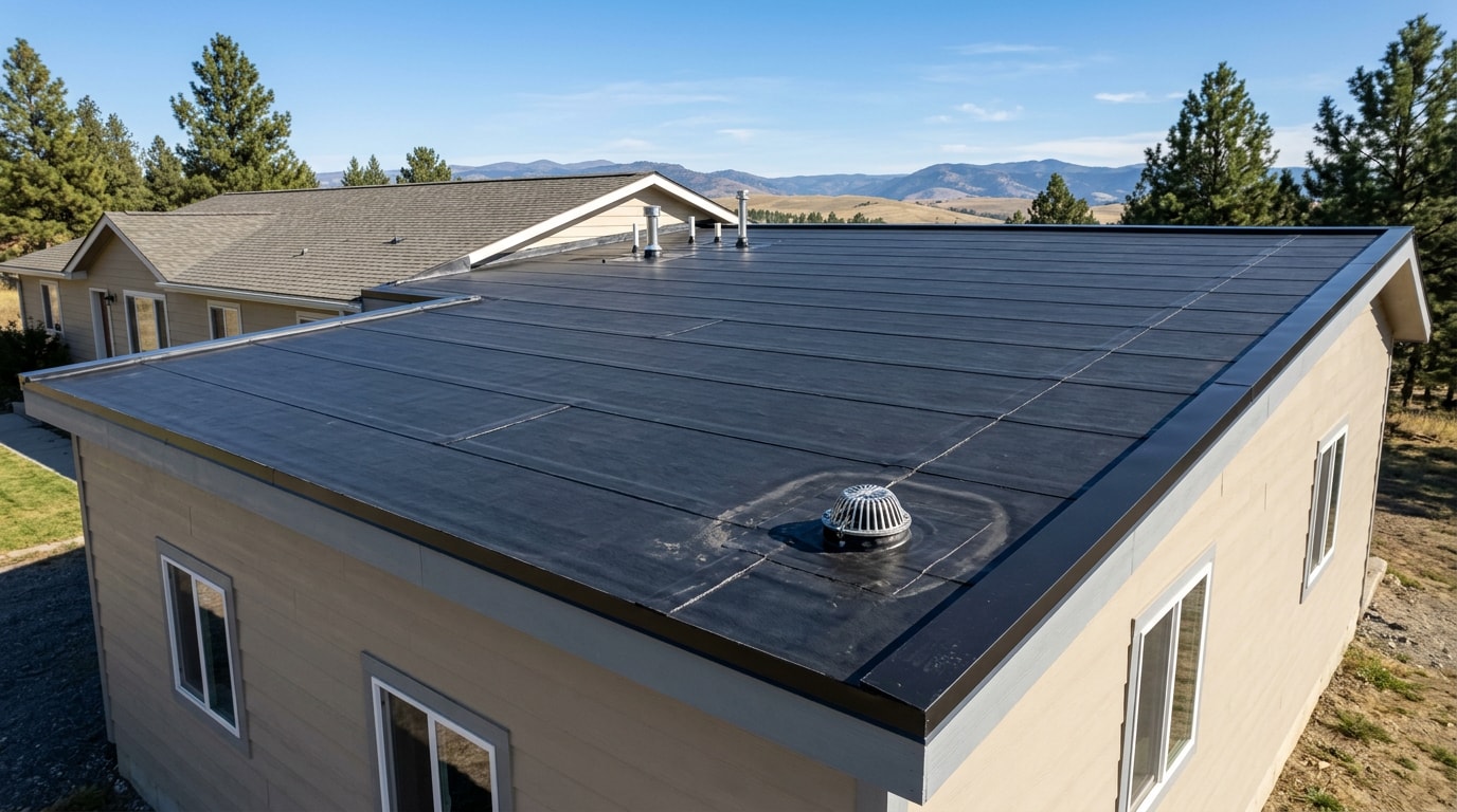 Finished EPDM rubber roof on a low-slope garage addition in Nampa, Idaho Finished EPDM rubber roof on a low-slope garage addition in Nampa, Idaho
