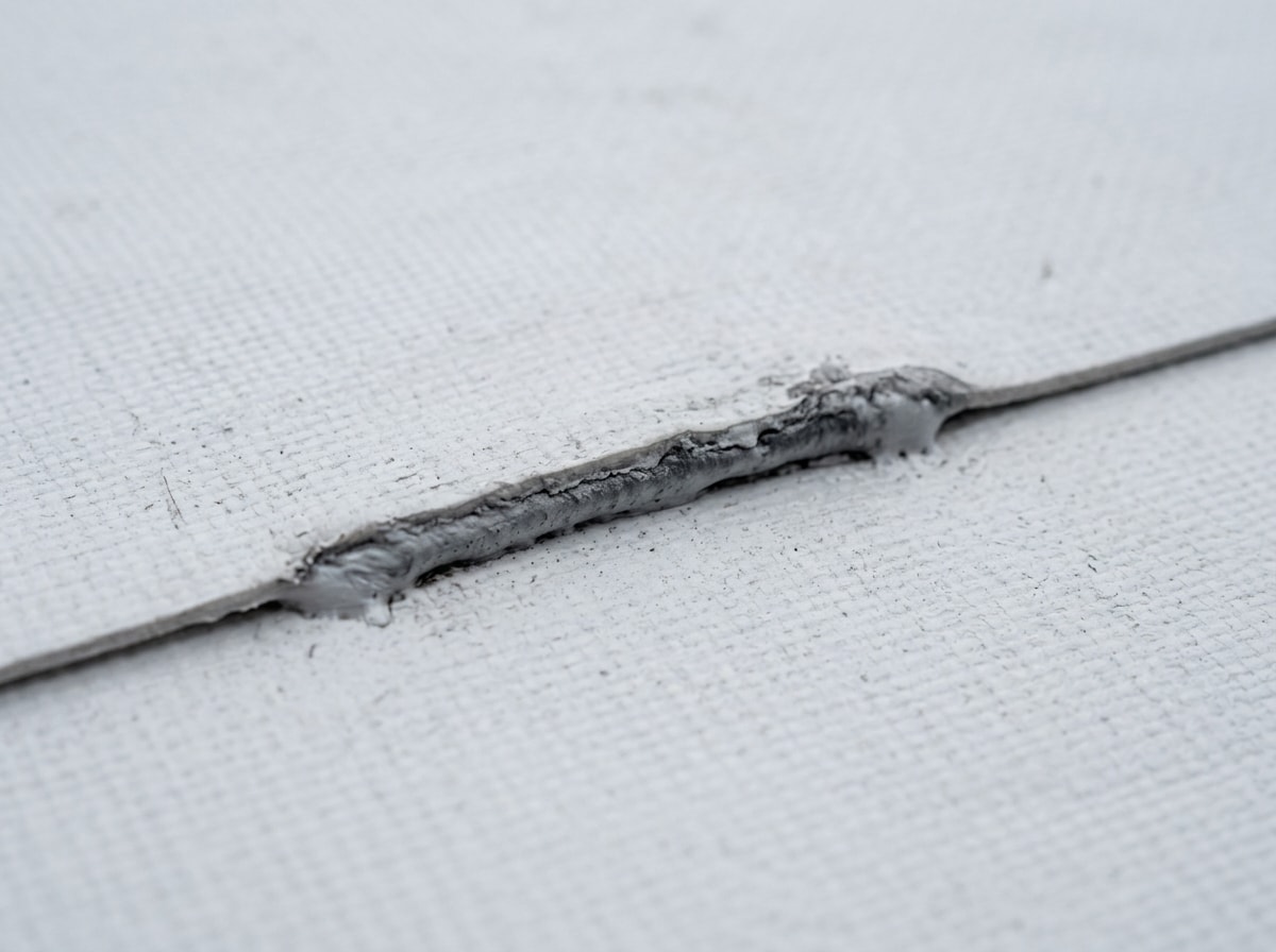Close-up of heat-welded seam on a white PVC vinyl roofing membrane