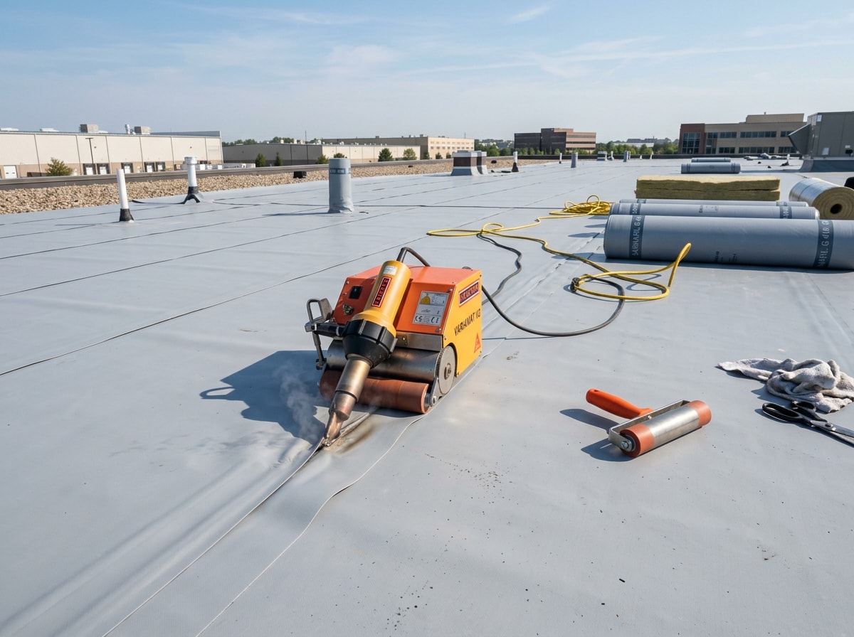 Roofing crew heat-welding PVC membrane seams on a flat commercial roof section