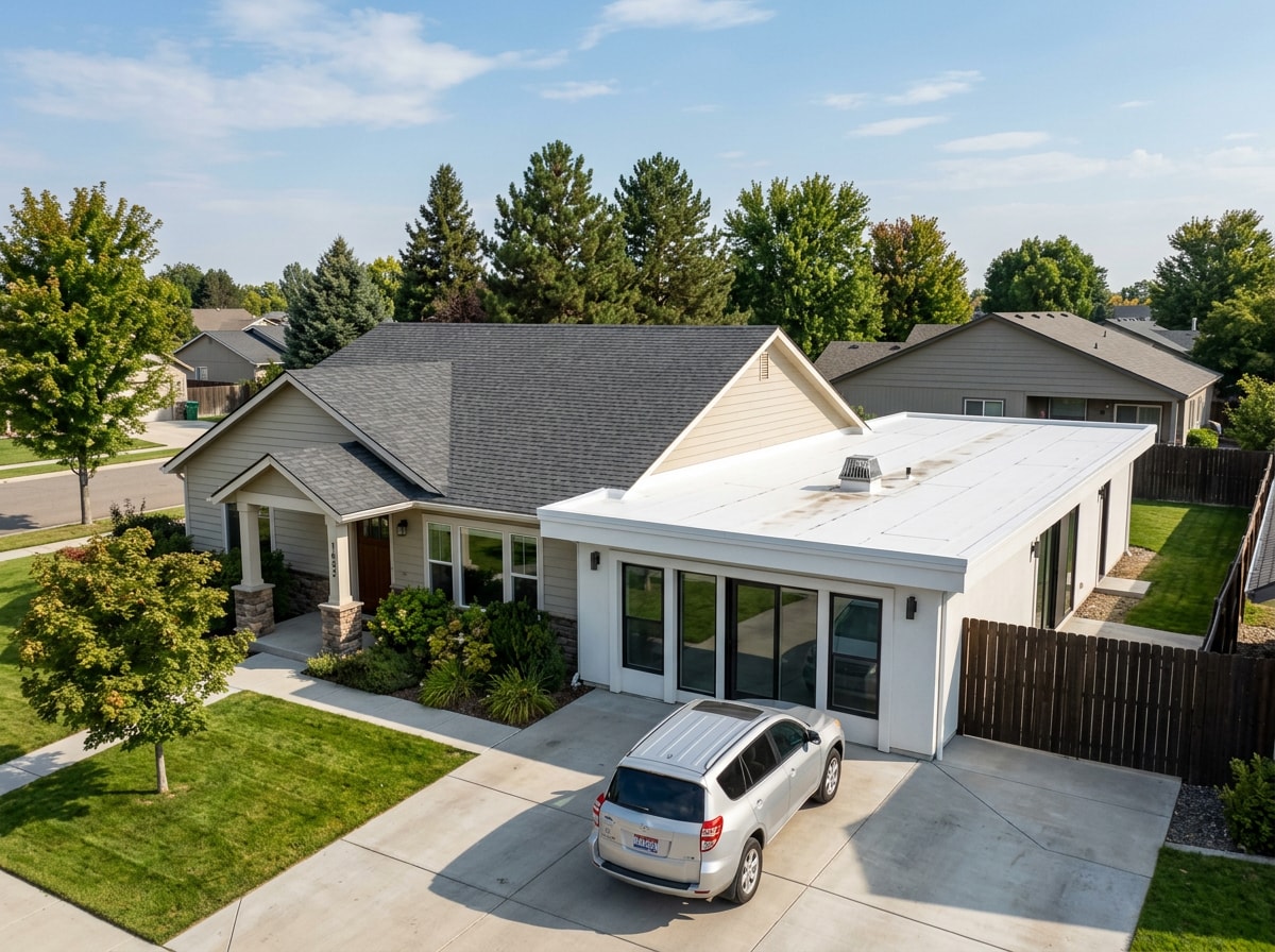 Flat-roof residential addition in Nampa, ID with a white PVC membrane roof